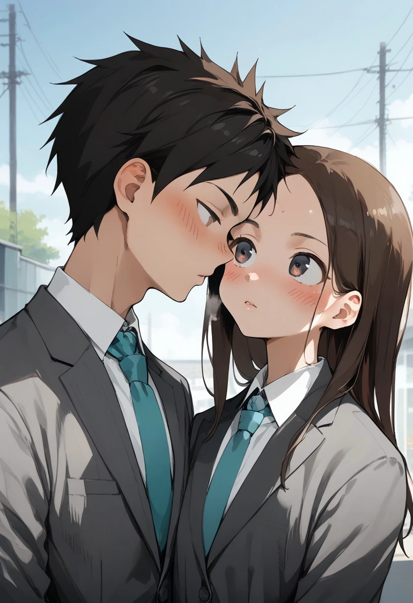 score_9, score_8_up, score_7_up, source_anime,  
takagi-san is 1girl,  brown round eyes, brown hair,  center part bangs, straight hair, (forehead:1.2), small breast, school uniform, gray jacket, pale-turquoise bowtie,  white collared shirt, looking at , steam, blush, 
(kissing:0.3),
BREAK
Nishikata is 1boy, ,looking at partner,, black eyes, black hair,   school uniform, gray jacket, pale-turquoise tie, white collared shirt, steam, blush