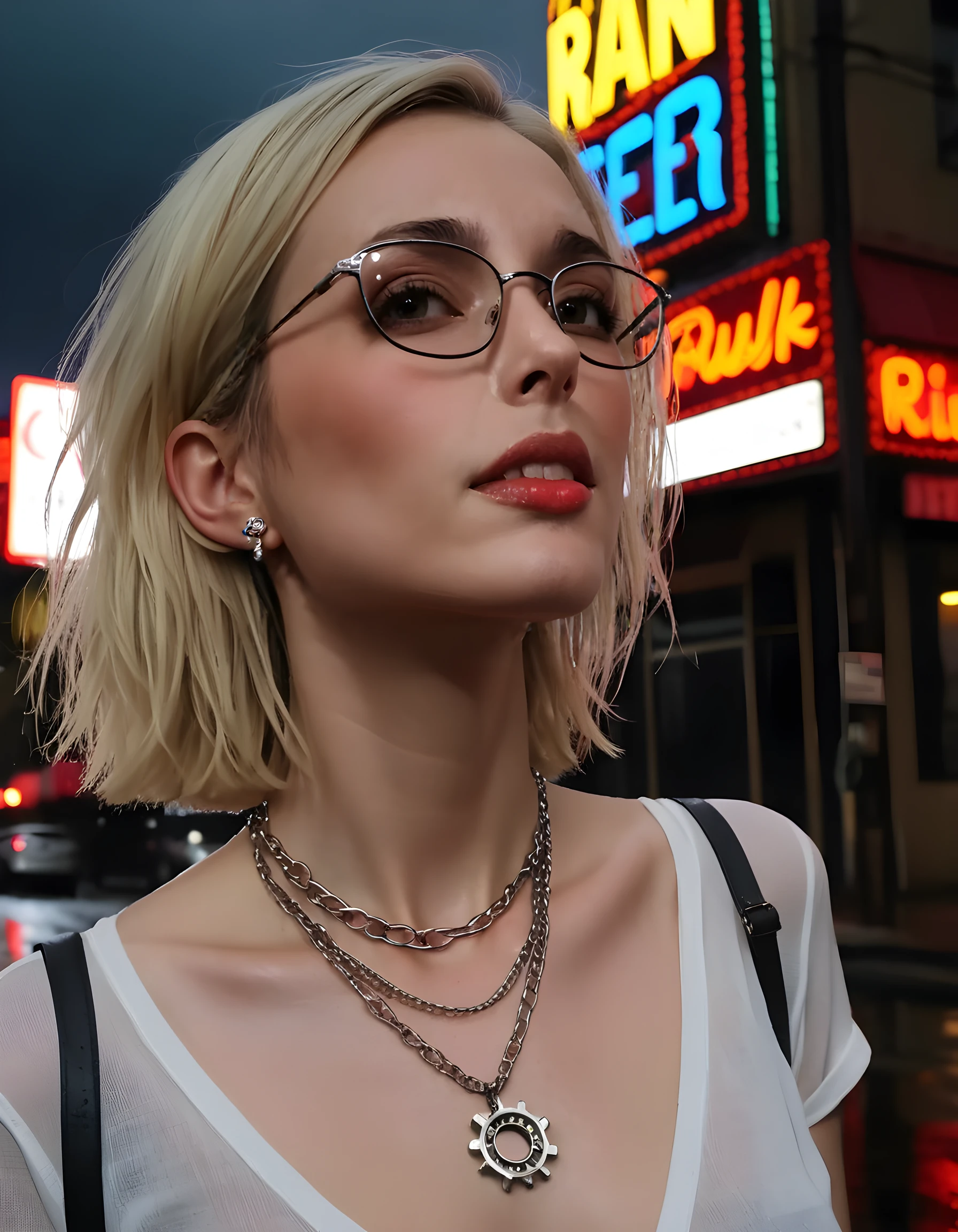 In a gritty, neo-noir setting of rain-soaked, dimly lit streets, a close-up image captures ER1K4R, a woman with short, platinum blonde hair, standing in profile. She wears a pair of distressed denim pants, adorned with intricate silver studs and chains, and a simple white shirt. Her lips are painted a bold, crimson red, and her eyes are hidden behind black-rimmed glasses, casting an air of mystery. A single, ornate necklace made of interlocking gears hangs around her neck, reflecting the pulsating neon lights from a nearby sign in the background. The camera angle is low, looking up at her from the ground, creating an imposing silhouette against the stormy night sky, exuding a sense of quiet power and resilience.