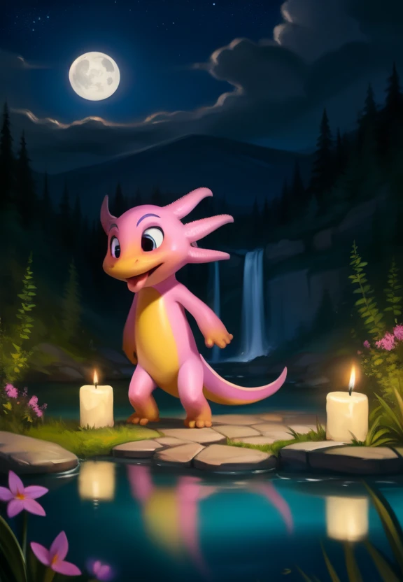 <lora:ShimShinGazi:0.85> ShimShinGazi, axolotl, pink skin, yellow belly,  chibi, (winking face with tongue)
[ forest, grass, night, stars, lake, waterfall, clear water, evening, moon shining, reflection in water, clouds, flowers, blanket, blue pillows, candles, bed, pillows, ], ((solo focus))
 (beautiful, aesthetic, perfect, delicate, intricate), masterpiece, digital drawing, best quality, (walking ) 
by Chunie, by CyanCapsule, by Hallogreen,