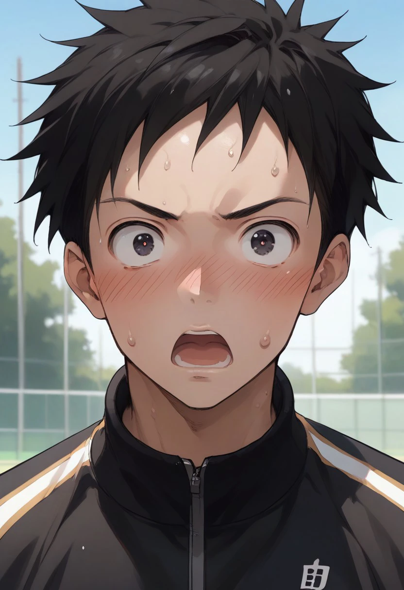 score_9, score_8_up, score_7_up, source_anime,  Nishikata is 1boy, ,solo, black eyes, black hair,   dark-blue obi, blush , Training wear, Track jacket, sports wear, surprised, opened mouth widely, round eyes, looking at viewer, sweat,