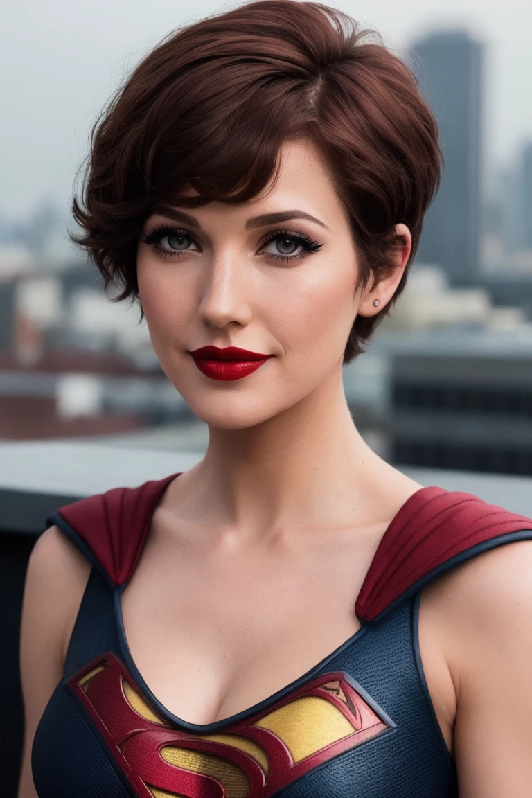 ja-124, ((detailed eyes, detailed face)), ((dark red hair)),  ((short hair, pixie cut):1.2), ((red lipstick, eye shadow, eyeliner, blush)), (epic) , ,photo of a woman, RAW, ((superman costume, superman logo, cape)),((short hair, pixie cut, messy hair, black hair)), ((rooftop, city, at night)), 8k uhd, dslr, soft lighting, high quality, film grain, Fujifilm XT3 sharp focus, f 5.6,((red lipstick, blush)) , slight smile