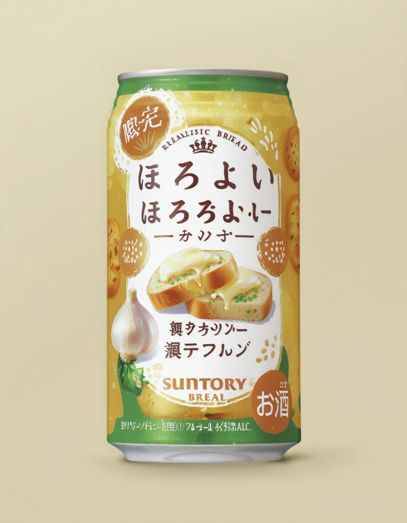 Create a realistic image of a can beer with garlic bread flavor, , SUNTORY, <lora:horoyoi2:0.8>,solo, close up,