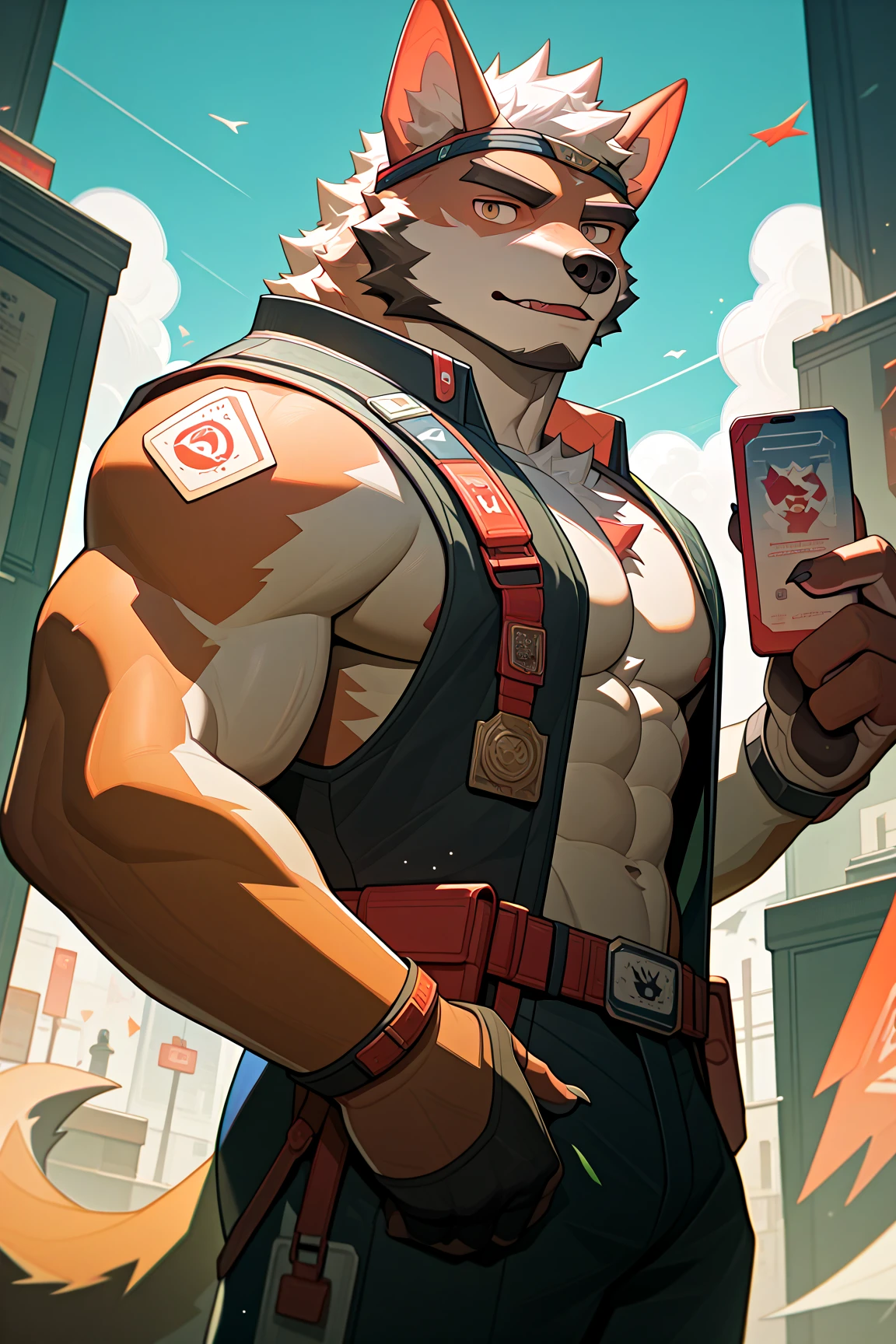 (score_9,score_8_up,score_7_up), masterpiece, best quality, hi_res, furry, anthro, mammal, kemono, male, muscular, uiokv, looking_at_viewer, canine, dog, standing, (side_view:0.7),