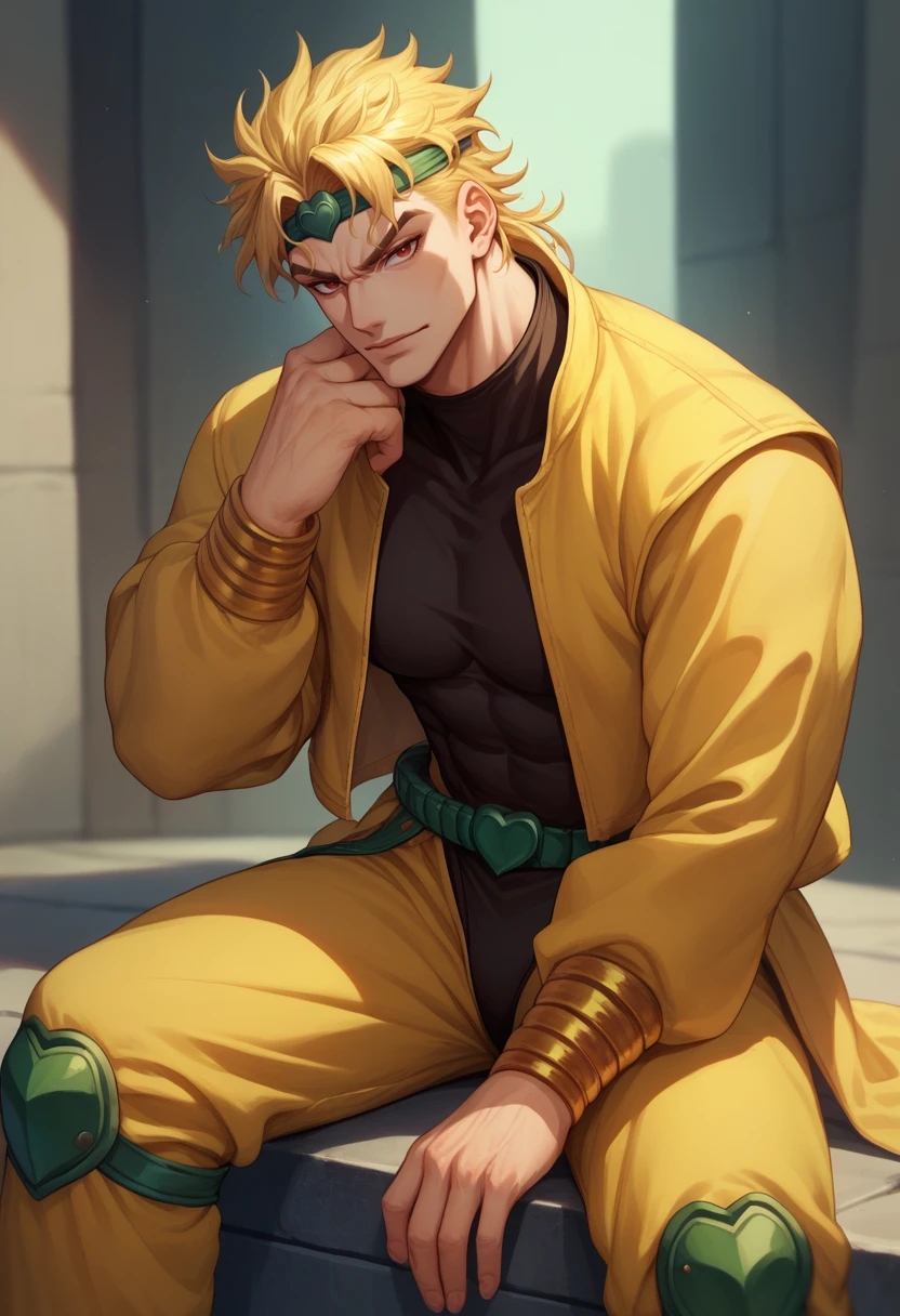 score_9, score_8_up, score_7_up, dioBrando, blonde hair, red eyes, headband, yellow jacket, sleeveless turtleneck leotard, yellow pants, knee pads, <lora:DioBrando_pdxl_Incrs_v1:1>, sitting, muscular, looking at viewer,