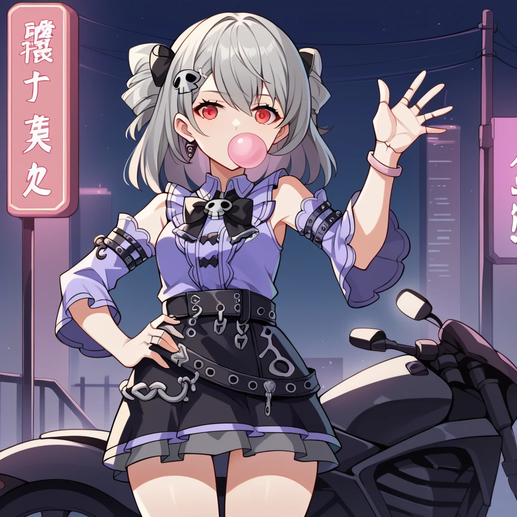 score_9_up, score_8_up, score_7_up, source_anime, masterpiece, best quality, 1girl, solo, Prometheus, Prom_Punk, night time, moon light, neon sign, standing near motorcycle, blowing gum, hand on hip, waving at you, looking at you, emotionless, grey hair, twin drills, small breasts, jirai kei, stuffed rabbit, skull hair ornament, bare shoulders, high waist skirt, black skirt, sleeveless shirt, frilled skirt, frilled shirt, purple shirt, detached sleeves, long sleeves, frilled sleeves, pink jewelry, belt, black ribbon, hair bow, black ring, leg joints, pink bracelet, collared shirt, bowtie, black bow, mature body, dynamic cowboy shot, outdoors, cyberpunk cityscape background