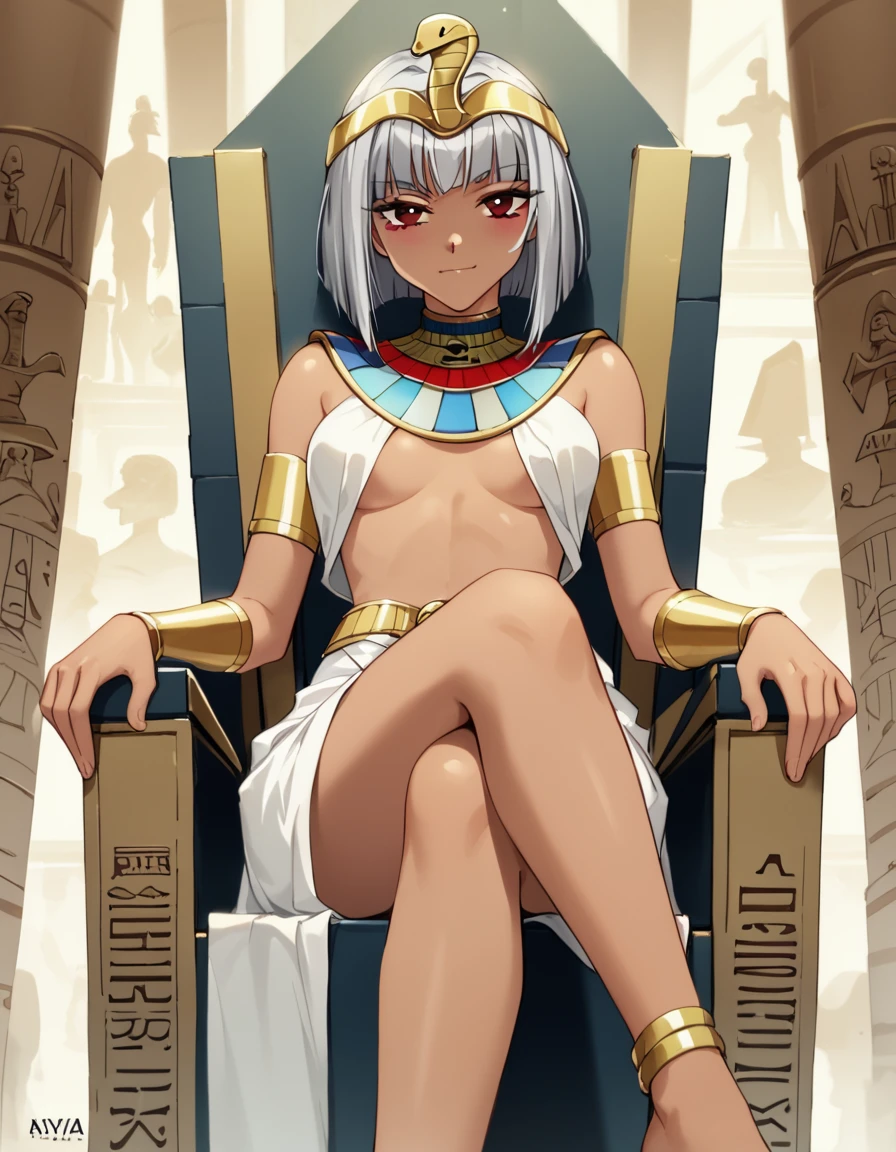 score_9, score_8_up, score_7_up, (aya kadoi), 1girl, sitting on a throne, crossed legs, egyptian, pharaoh, dark skin, mischievous smirk, seductive smile, silver hair, red eyes, egyptian temple,   <lora:1_xl_aya_kadoi_25e:1>