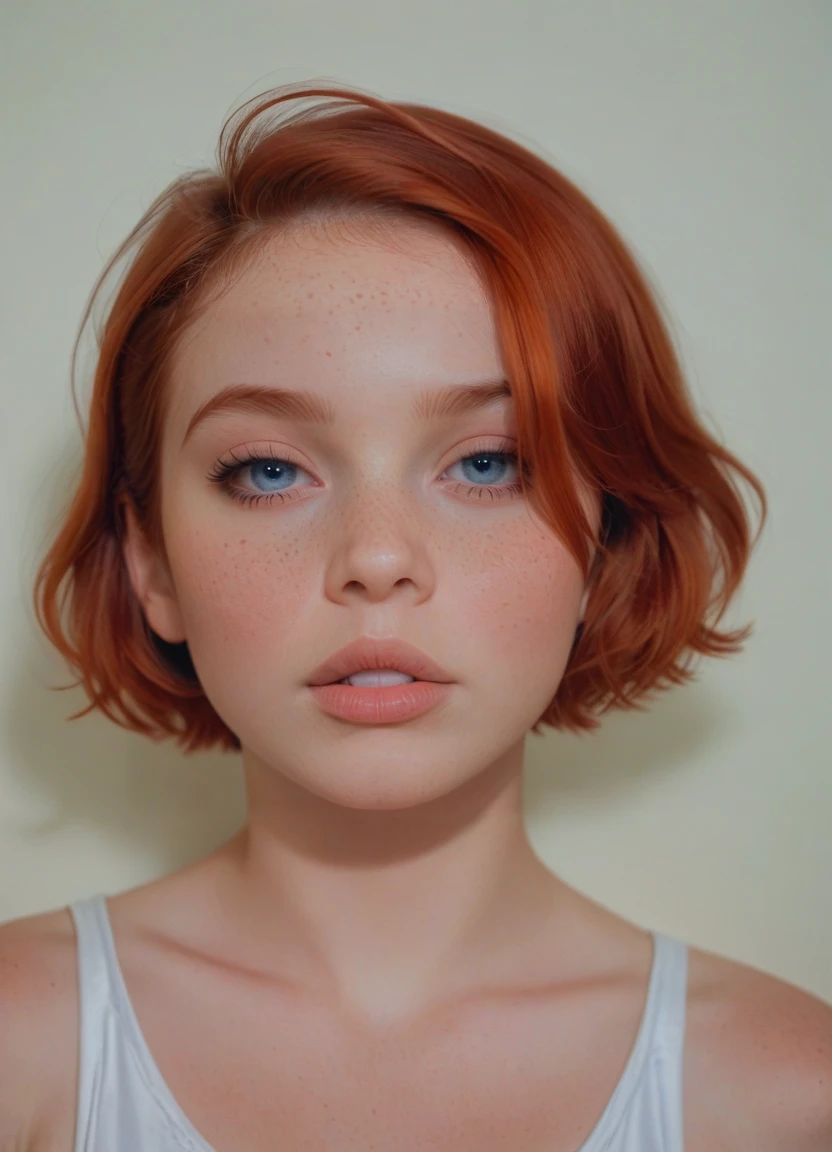 photo portrait,1girl solo [freckles],short hair,red hair,blue eyes,parted lips,portrait,<lora:Karine_Doe:1>,pale skin,portra 400,detailed feminine face,georgia anne muldrow,ethereal!!! ultra realistic,rosy cheeks,short redhead,4 k scan,