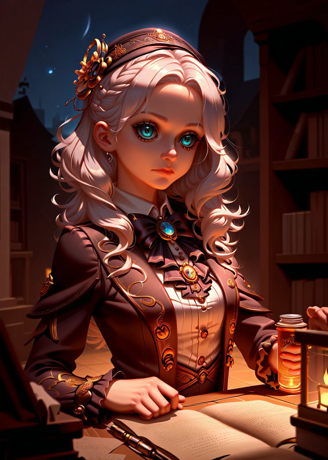 score_9, score_8_up, score_7_up, rating_safe, elegant,arrogant,dress,night sky,bookstore, library,hair ornament, <lora:Load-Identity:1>,identitiv,face close up,portrait, steampunk, long hair,white hair