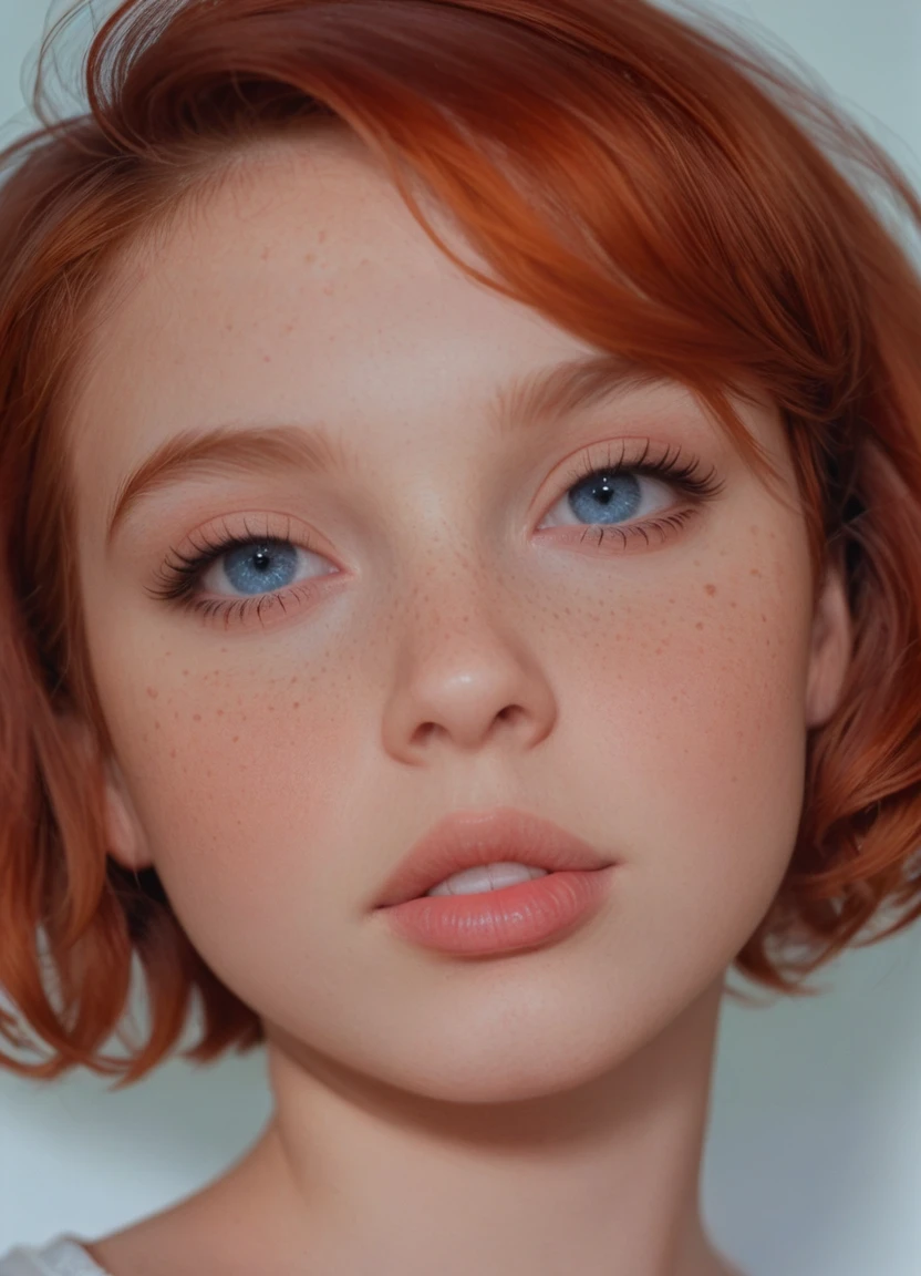 photo portrait,1girl solo [freckles],short hair,red hair,blue eyes,parted lips,portrait,<lora:Karine_Doe:1>,pale skin,portra 400,detailed feminine face,georgia anne muldrow,ethereal!!! ultra realistic,rosy cheeks,short redhead,4 k scan,<lora:TeethXL:1>,