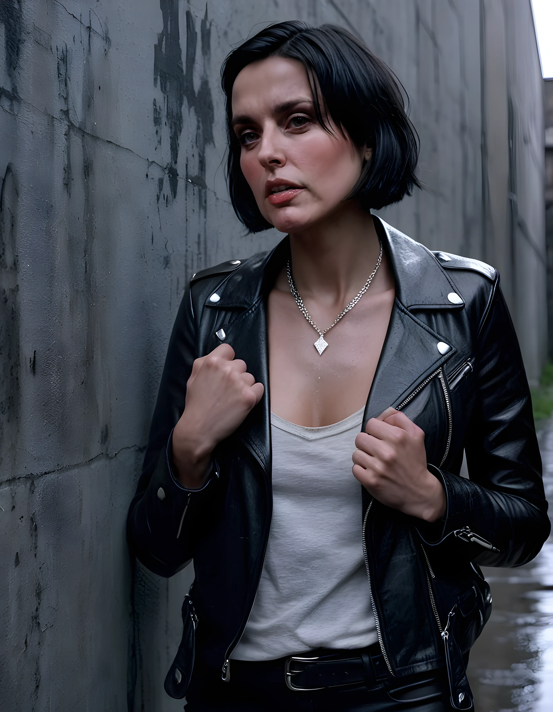 In a gritty, neo-noir setting of a dimly lit urban alleyway, the photograph captures ER1K4R, a woman with short, sleek black hair, standing in a defiant pose against the cold concrete wall. She is clad in a distressed leather jacket, her fingers gripping a silver necklace adorned with a single, glistening diamond. Her eyes are sharp and focused, reflecting a steely determination as she stares into the distance. The camera angle is low, creating an intimate, almost intimidating perspective, with the high-contrast, dramatic lighting accentuating her strong jawline and the grit on her boots, emphasizing her tough yet alluring demeanor amidst the desolate, rain-soaked background.