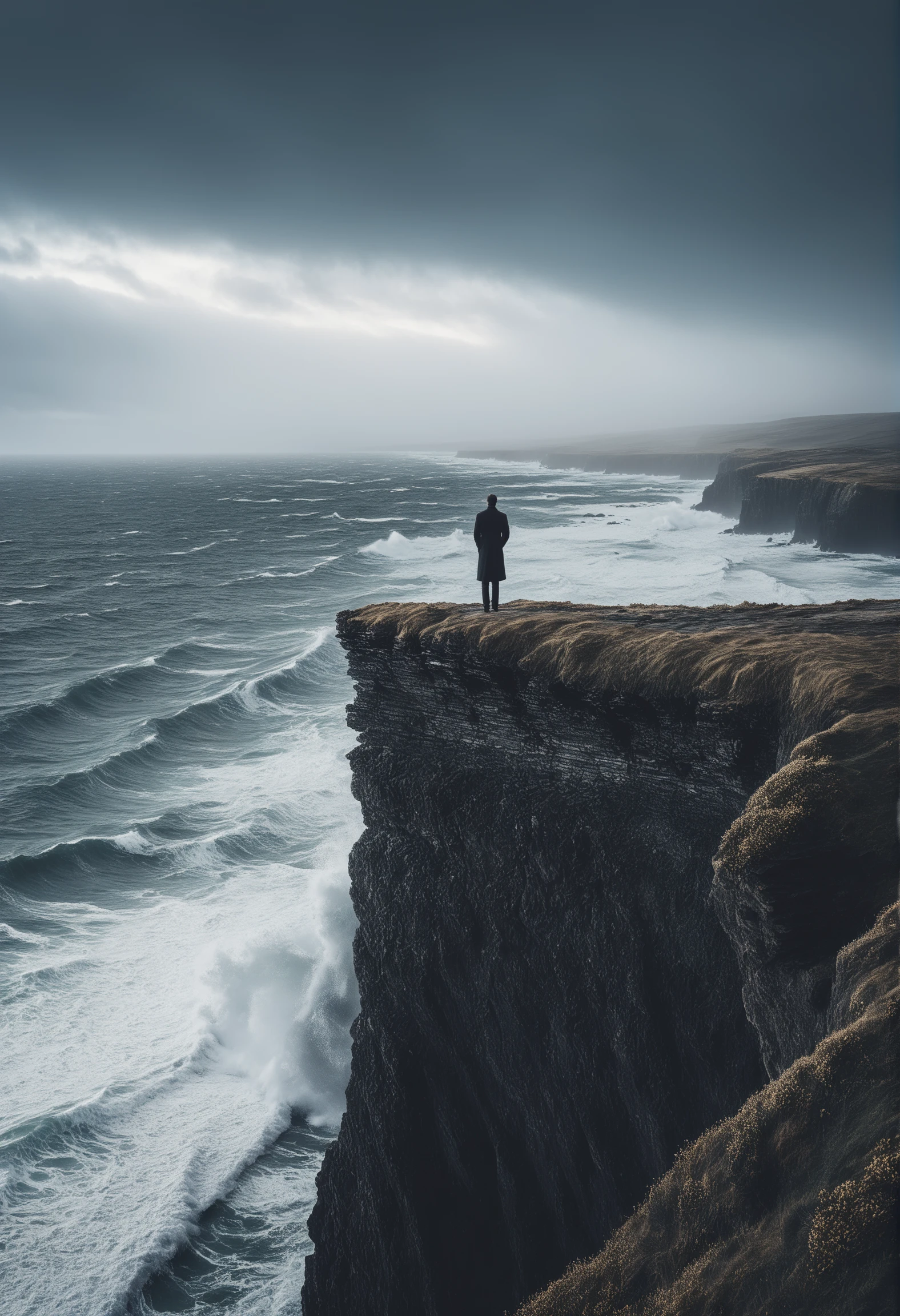 A hauntingly beautiful photograph portrays a solitary figure standing on the edge of a cliff, overlooking a vast expanse of crashing waves and turbulent seas, The figure's posture exudes a sense of vulnerability and strength, reflecting the complex interplay of love and pain in the human experience. The image captures the raw emotion of the moment, inviting viewers to contemplate the beauty and fragility of life's most profound emotions