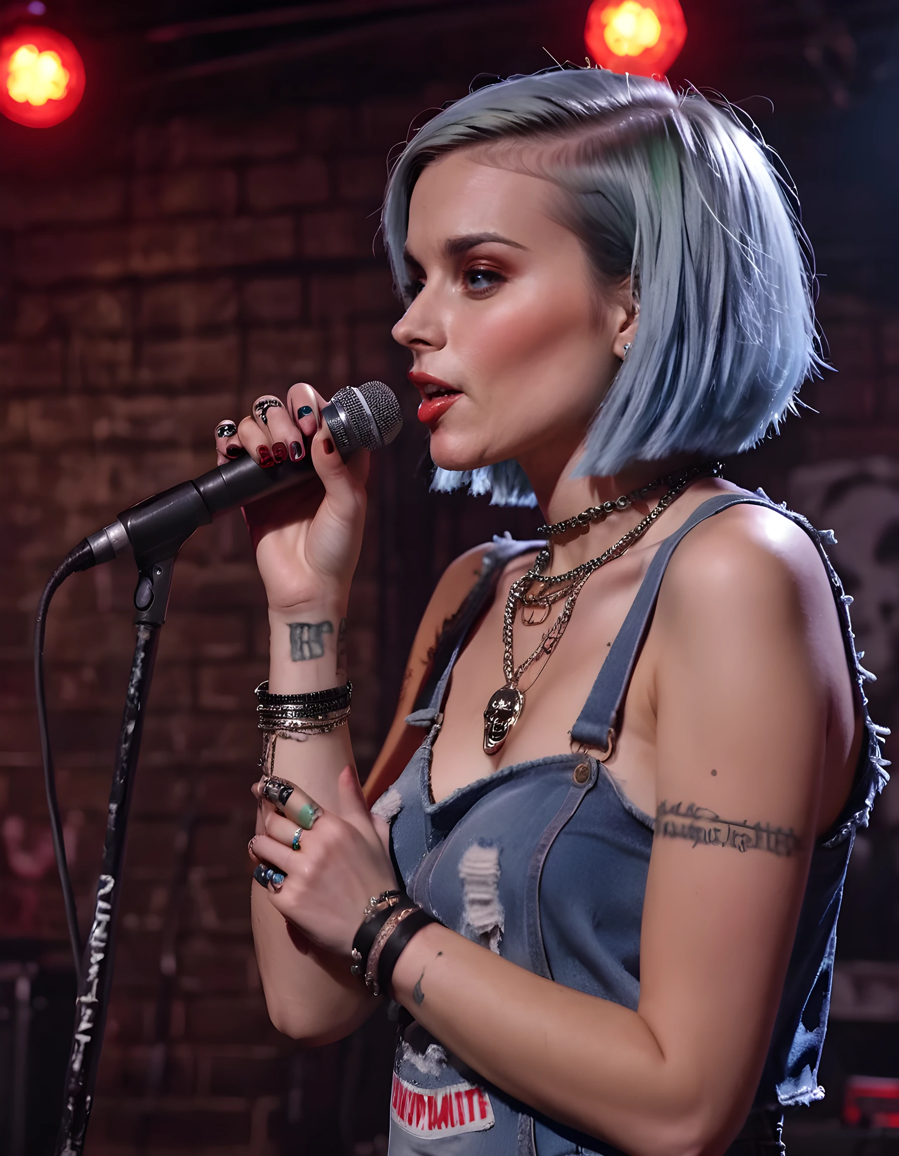 In a dimly lit, grungy underground music venue in the heart of East London, a close-up image captures ER1K4R, a striking woman with short, electric blue hair and piercing green eyes, standing center stage. She is dressed in a unique denim outfit: a fitted, frayed denim minidress adorned with metallic studs, paired with combat boots. Her blonde highlights catch the flickering light from the neon signs, casting an otherworldly glow on her face. A necklace of small, shiny skull pendants rests around her neck, and a large silver ring glints on one finger. Her lips are painted a bold, vibrant red, as she sings with raw emotion into the microphone, her powerful voice resonating through the room, capturing every soul in attendance.