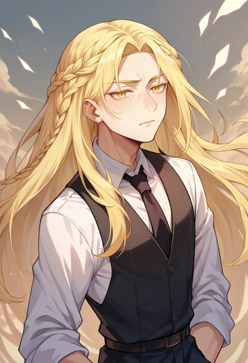 score_9, score_8_up, score_7_up, source_anime, <lora:wrenchEldenRingSoteMiquella:1>, ersotemiquella, blonde hair, 1boy, braid, long hair, yellow eyes, 
black tie \(suit\), formal, necktie,