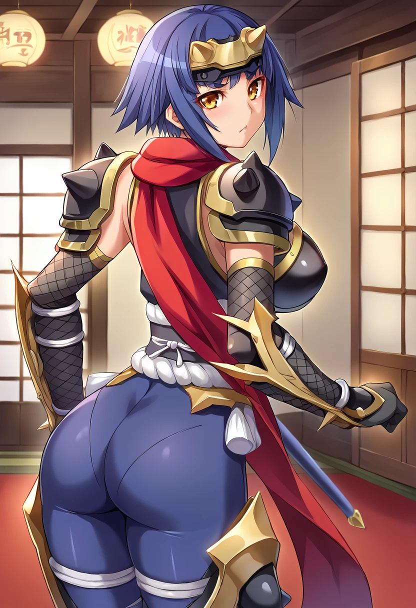 (masterpiece), best quality, expressive eyes, highres, perfect face, 1 girl, solo, mscrgto, portrait, looking at the viewer, landscape background, standing, ass, from back