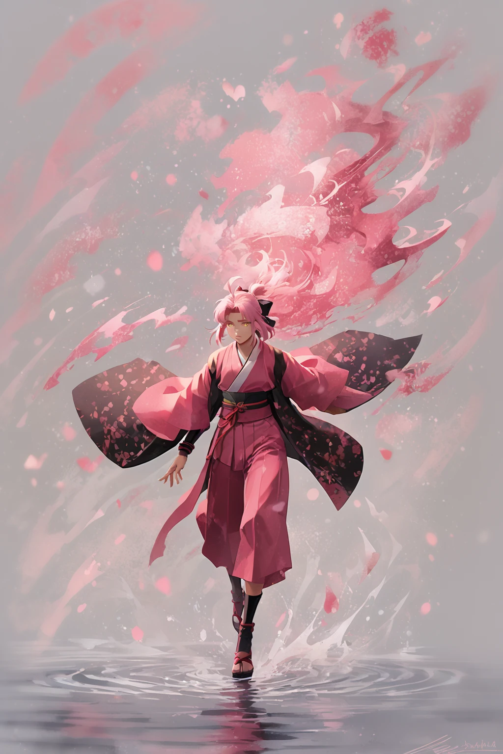 score_9, score_8_up, score_7_up, okita souji \(fate\), ahoge, arm guards, black bow, hair bow, hakama, half updo, kimono, medium hair, pink hakama, pink kimono, yellow eyes, solo, solo focus, cowboy shot, high contrast,dark, Standing with one foot raised, balancing, <lora:2024-08-02_13-31-29-save-6615-49-0:1>