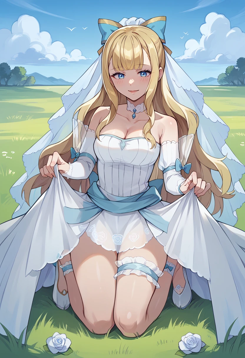 score_9, score_8_up, score_7_up, 1girl, kneeling, seductive smile, skirt hold, bridal garter, <lora:CharlotteFE-pdxl:0.85> brdChar, long hair, blunt bangs, hair bow, blue bow, veil, white choker, wedding dress, strapless, cleavage, detached sleeves, see-through sleeves, short skirt, bare legs, grass, sky