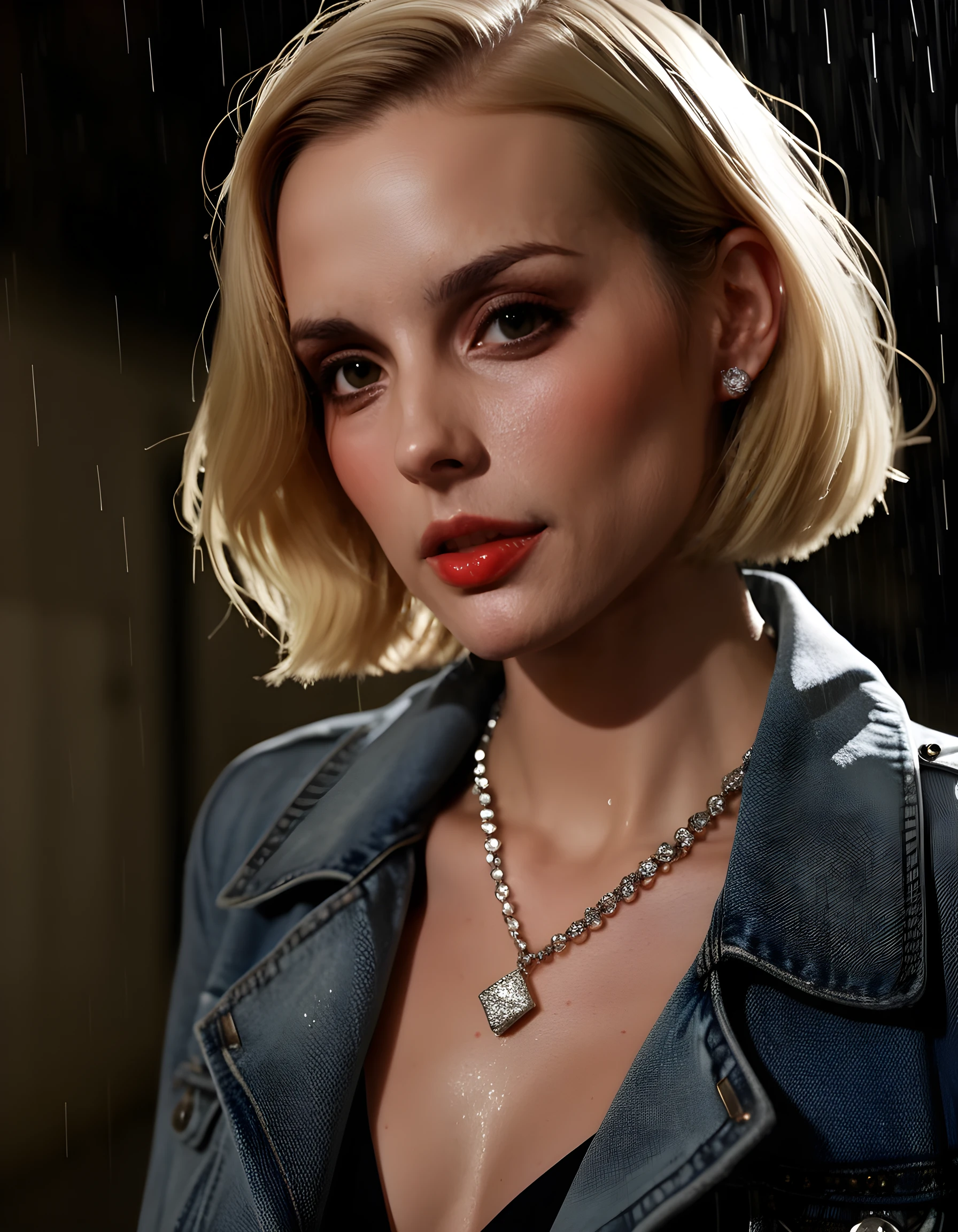 In a gritty, noir-inspired scene, ER1K4R, a striking blonde woman with short, sleek hair, poses confidently with a smoldering gaze, her full, red lips slightly parted. She wears a distressed denim jacket adorned with intricate silver studs and a large, glittering diamond necklace that catches the light in the dimly lit, rain-soaked alleyway. The camera is positioned low from the ground, capturing her from an angle that accentuates the shadows cast by her lean figure, creating an intense emotional tone of mystery and allure.