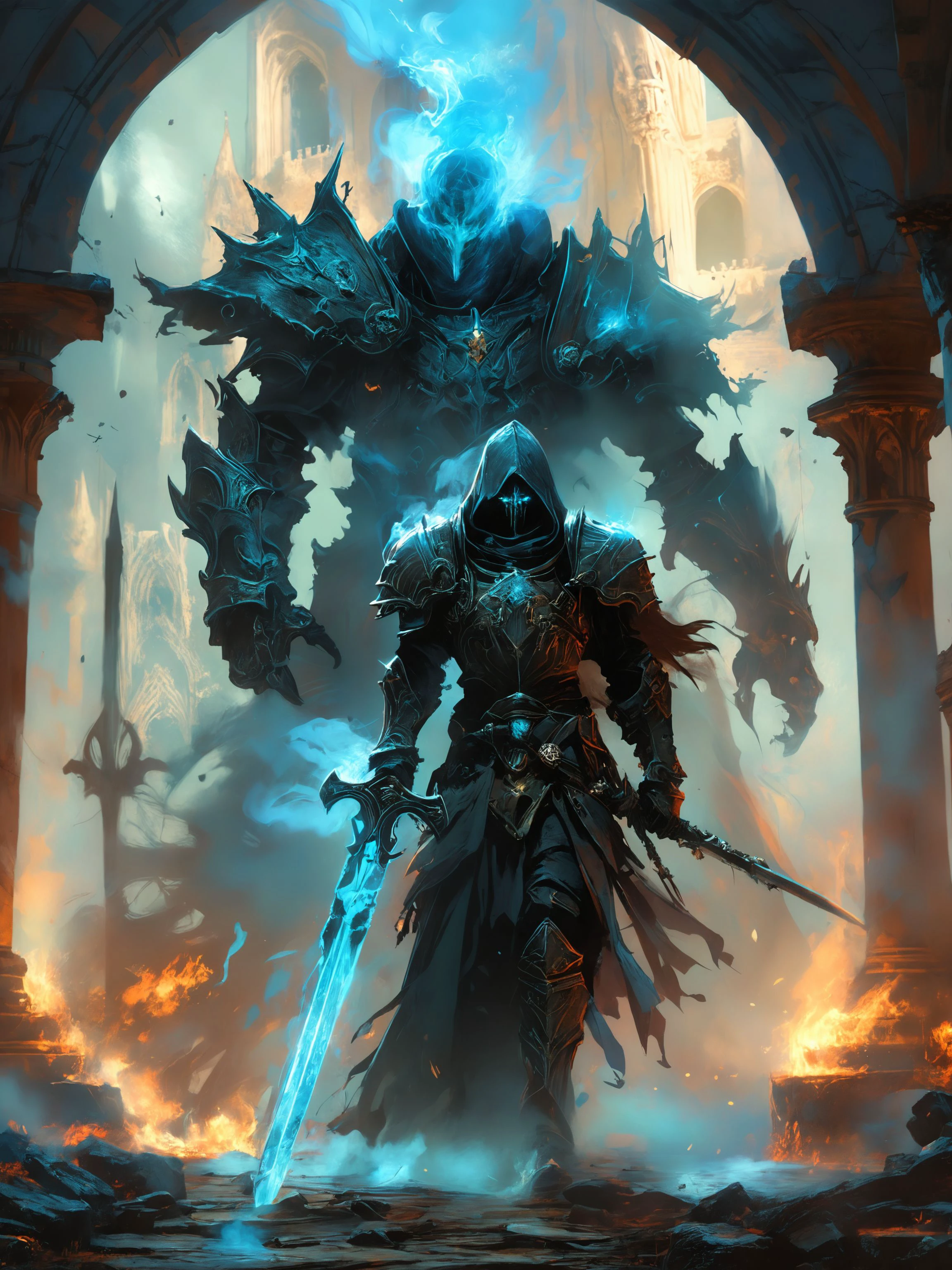 An epic dark fantasy illustration depicting an undead warrior with azure smoke summoned by a necromancer after being hidden for centuries, filled with new life and medieval futuristic armor he searches for who is responsible for the peace amongst kingdoms. Background an ancient inside castle. androidcore, dark futurism, style by shadow legends and guild wars,  <lora:HellJourney_XL_V12024-08-01_09-12-39-save-2806-8-0:0.7>