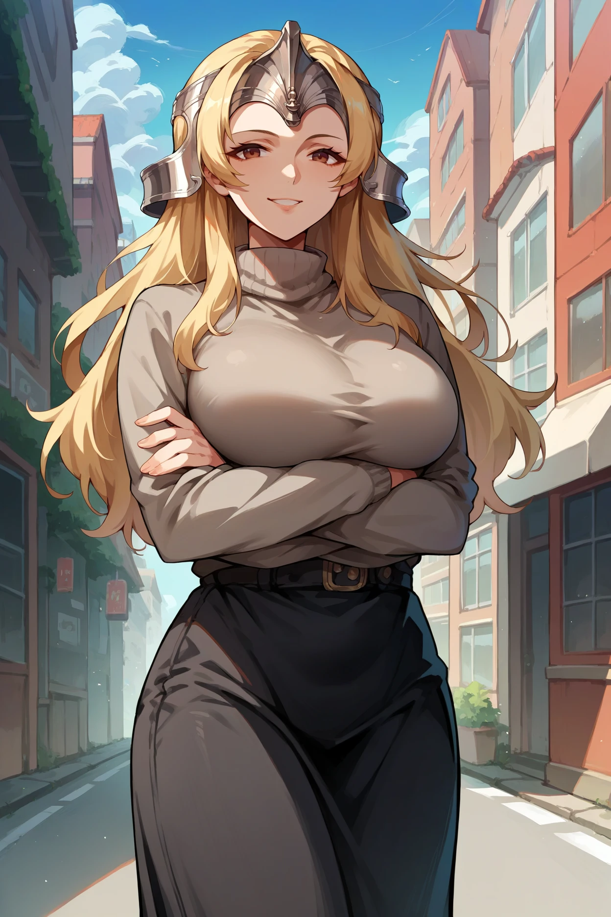 score_9, score_8_up, score_7_up, score_6_up, source_anime, 1girl, solo, <lora:femathilda-pdxl-nvwls-v1-000006:1> feMtlda, blonde hair, helmet, large breasts, grey sweater, turtleneck, black skirt, long skirt, looking at you, smile, crossed arms, blue sky, city