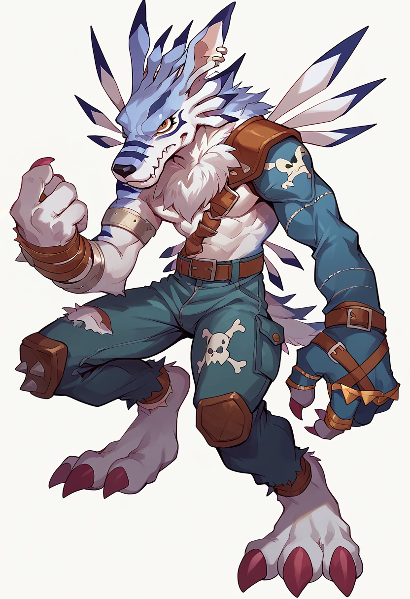 score_9, score_8_up, score_7_up, score_6_up, source_furry, solo, dof, full-length portrait, white background, <lora:DIGIMON_WEREGARURUMON:1> weregarurumon, blue sleeve on left arm, claws, blue pants