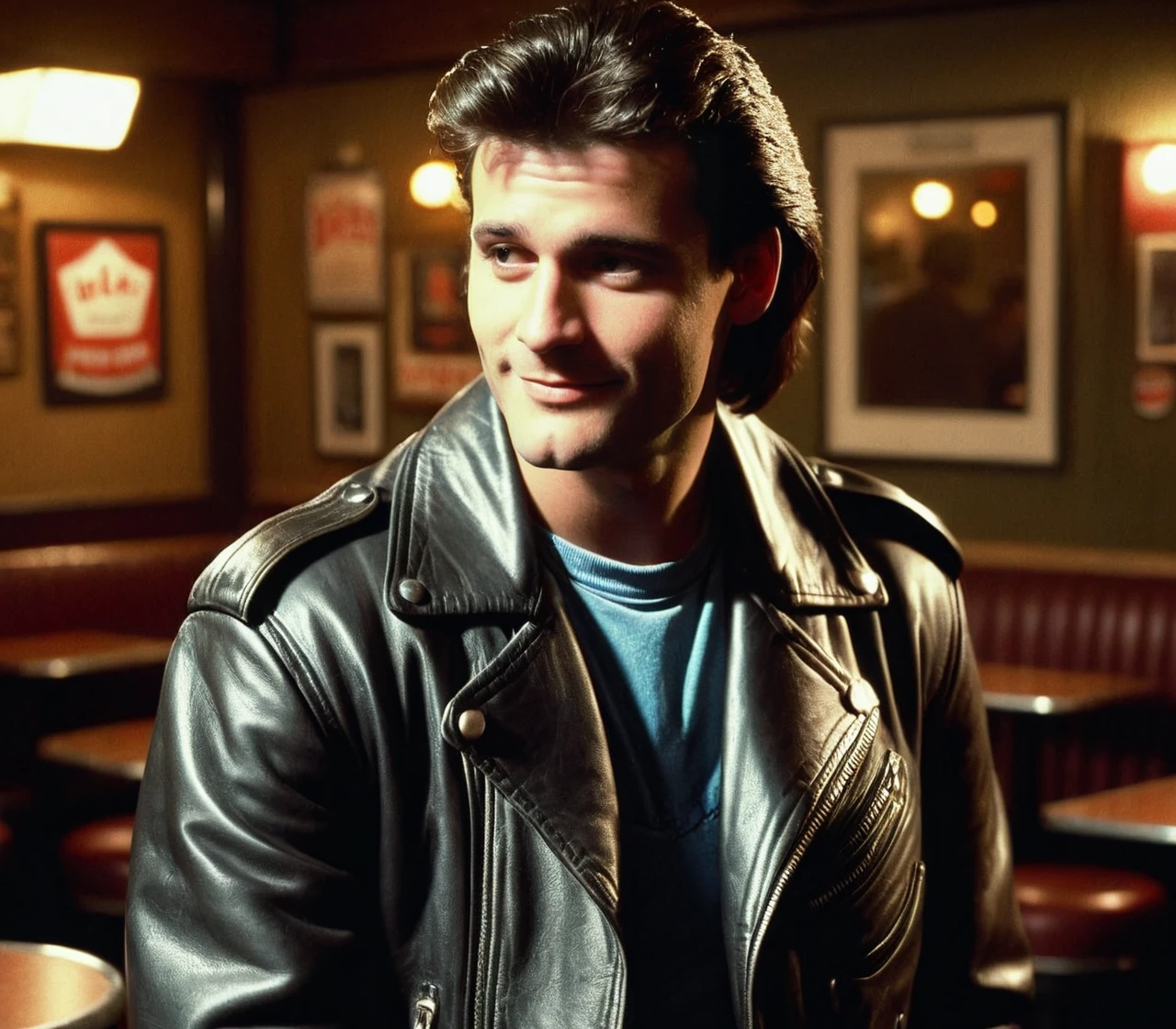 realistic, 1man talking, biker, leather jacket, standing in a sitcom bar, smirk, looking to the side, empty room, night, 35mm film grain, 1980s style,  <lora:Sitcom__Drama_Style:0.75>