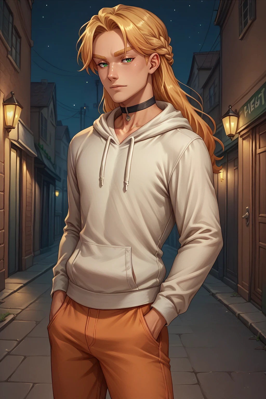 score_9, score_8_up, solo, 1boy, male focus, <lora:NSGustPortia:1> NSGustPortia, long hair, blonde hair, braid, green eyes, freckles, white hoodie, orange pants, alleyway, choker, night, dark