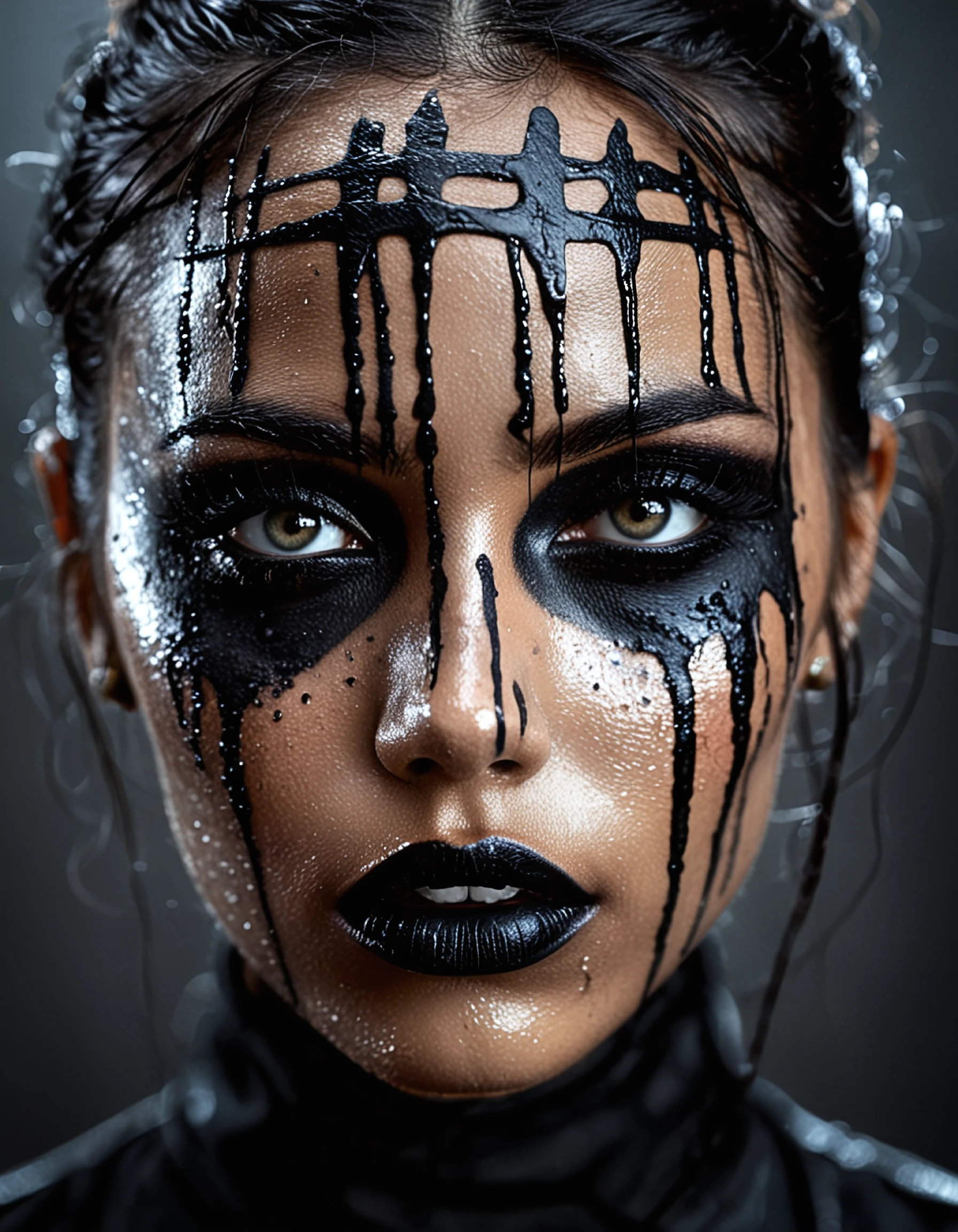 detailed dramatic portrait of a girl with black makeup in horror style
 with cross lighting showcasing textures and details. set against a neutral rainy background that emphasizes the subject









































































































































































































































































































































































































































