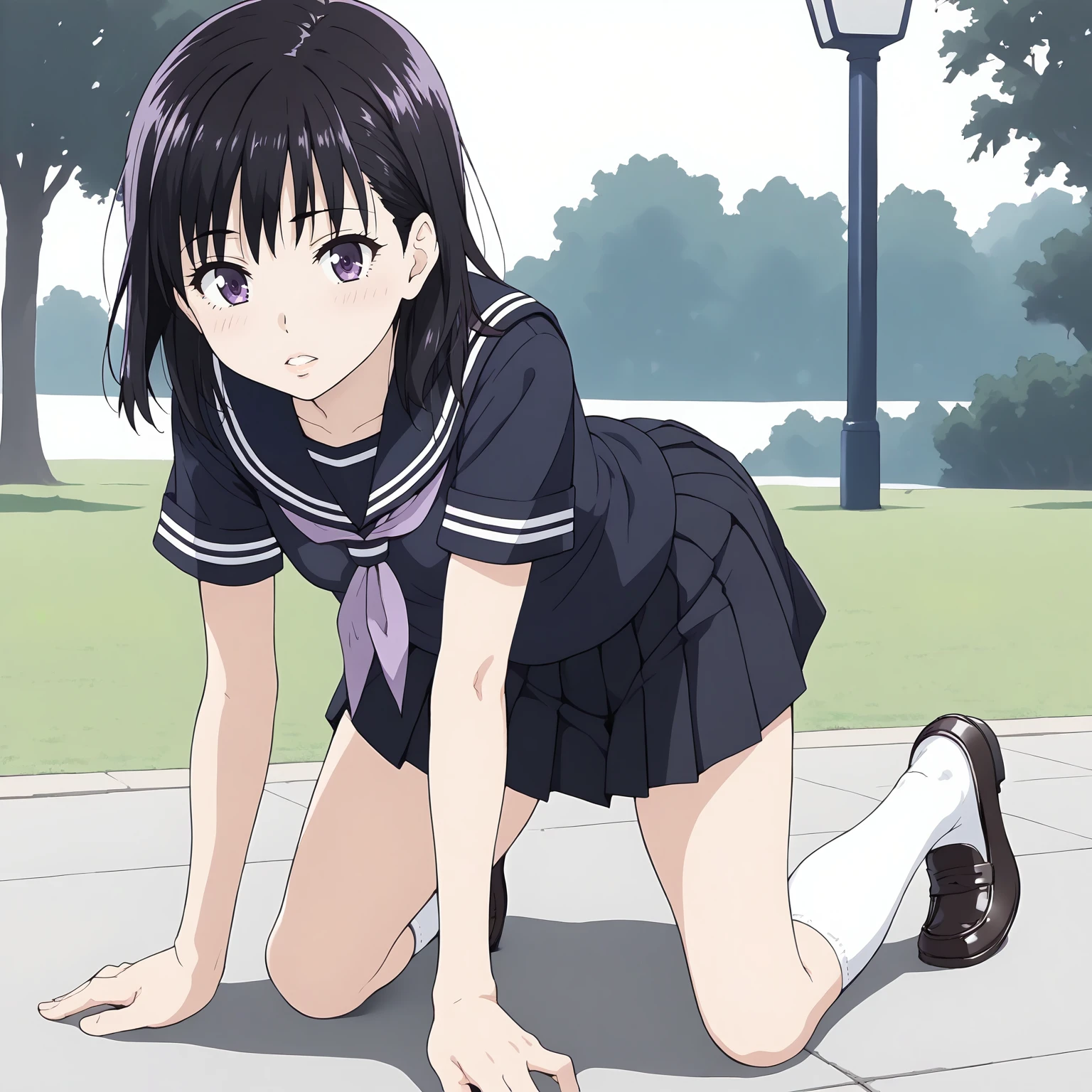 <lora:NBnSd_AkihoTaniguchiXLpony001>,
parted lips,
solo,
AkihoTaniguchi,1girl,black hair,medium hair,purple eyes,
serafuku,black blue shirt,short_sleeves,
pleated_skirt,black skirt,
white socks,loafers,
outdoors,
all fours,