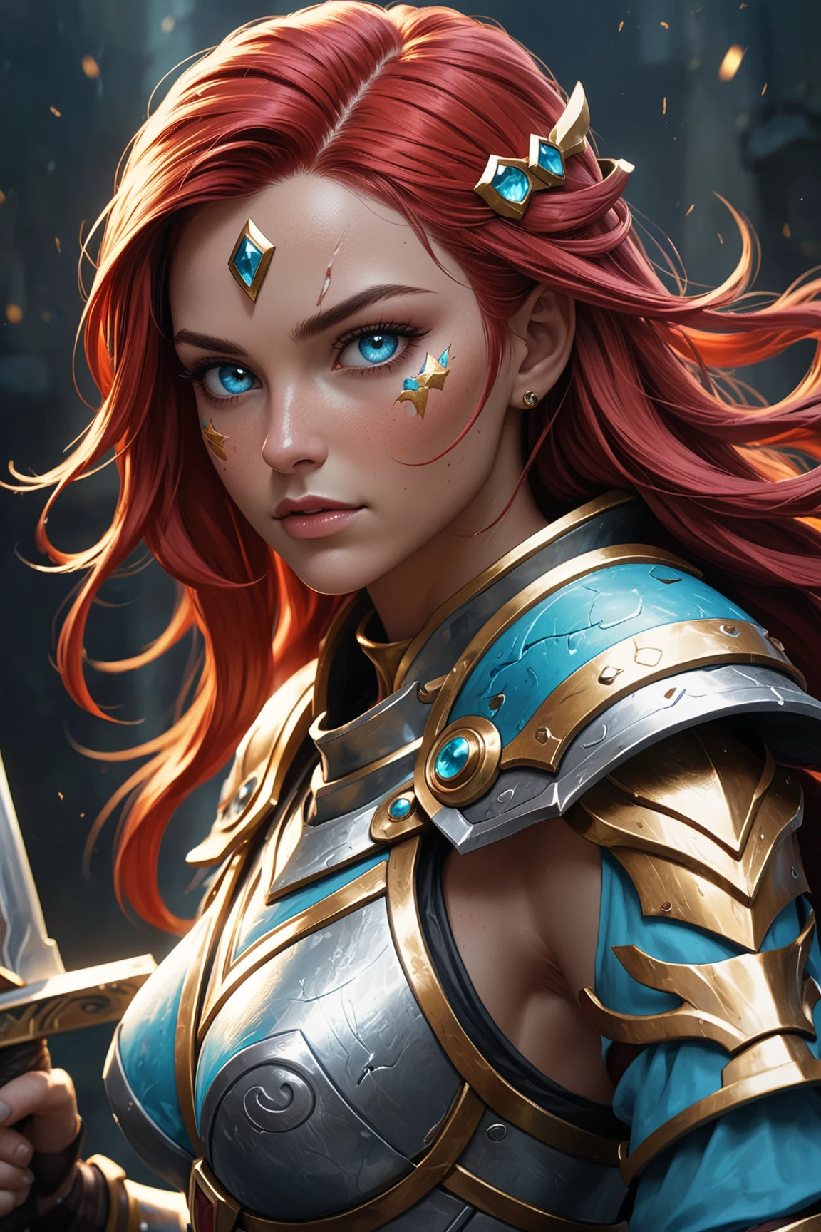 Fantasy warrior woman with red hair, blue eyes, holding a (big sword), adorned with (rusted) gold and cyan gems, wearing armor rusted (silver) matte metal, close view, realistic, cinematic dark lighting, colorful, league of legends,  detailed skin, simple cyan dark background