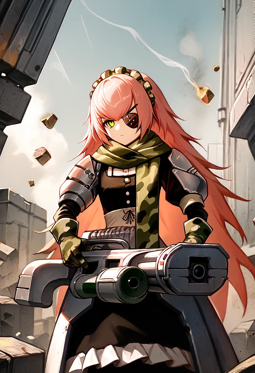 score_9, score_8_up, score_7_up, solo, 1girl, cz2128delta, expressionless, gatling gun, holding gatling gun, [:smoke, firing:0.25], pink hair, maid headdress, eyepatch, camouflage, frills, armor, black dress, puffy long sleeves, green gloves, green scarf, outdoors, debris <lora:ol_cz2128delta_ponyXL:1> <lora:GatlingGun_pdxl_Incrs_v1:1>