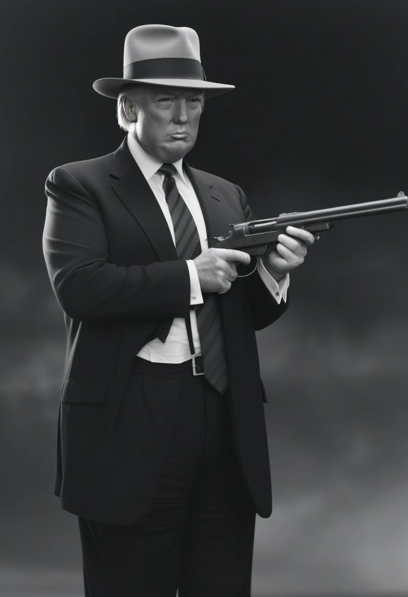 rated_safe, Archive photo, 1930s (style), vintage, retro, Archive photo, 1930s Fashion, american bandits style, 1930's cinematic film still of a ((donald trump:1.5)) in business attire with hat, film grain, atmospheric lighting, 4k, uhd, masterpiece, monochrome, holding Thompson submachine gun