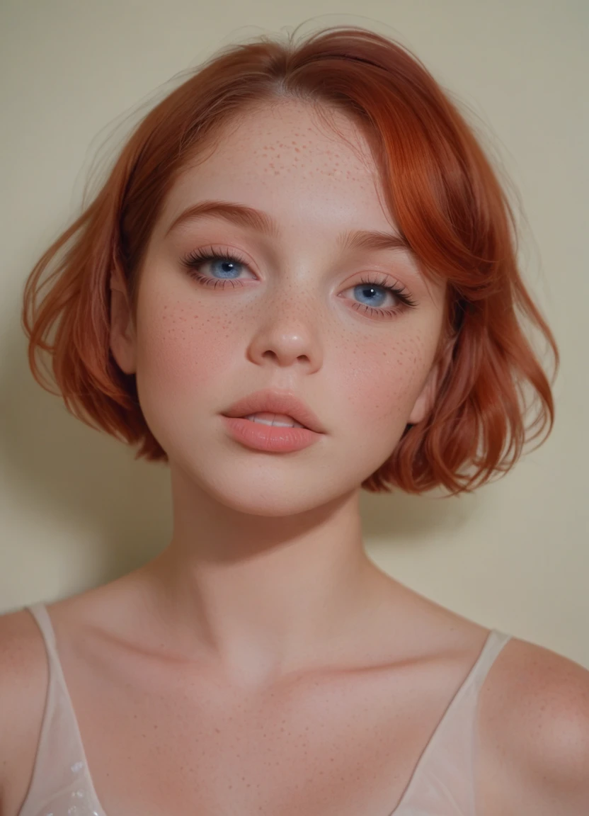 photo portrait,1girl solo [freckles],short hair,red hair,blue eyes,parted lips,portrait,<lora:Karine_Doe:1>,pale skin,portra 400,detailed feminine face,georgia anne muldrow,ethereal!!! ultra realistic,rosy cheeks,short redhead,4 k scan,<lora:TeethXL:1>,