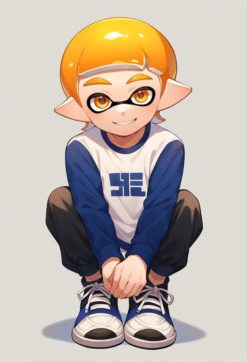 score_9, score_8, score_7, source_anime, inkling boy, 1boy, solo, male focus, looking at viewer, shirt, long sleeves, otoko no ko, full body, smile, shoes