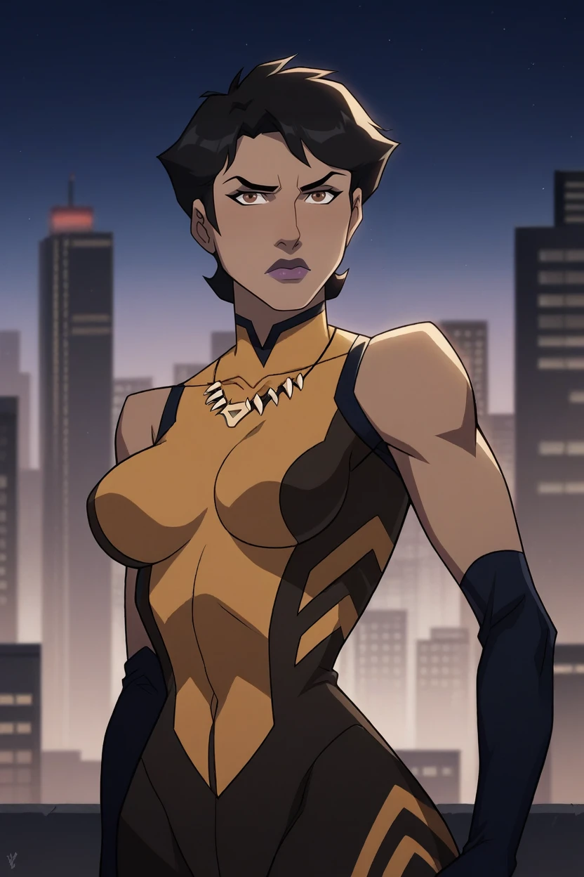 <lora:vixen v2 xl_epoch_10:1>  black hair, brown eyes, short hair, dark-skinned female, lipstick, purple lips, large breasts, (vx_hero, tooth necklace, turtleneck, elbow gloves, yellow bodysuit, bare shoulders, skin tight, superhero, sleeveless, impossible clothes, leotard, unitard), (serious, looking at viewer), (city, night),, score_9, score_8_up, score_7_up, score_6_up, 16k, masterpiece, absurdes, highly detailed, highres, high quality, best quality