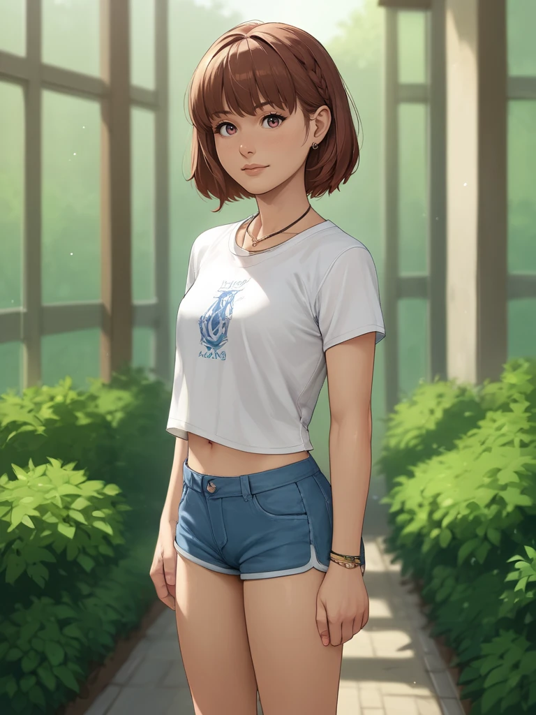 1girl, sfw, safe for work, shorts, shirt, looking at viewer,  standing, score_9, score_8_up, score_7_up, score_6_up, 8k, 
 <lora:[Majenta Rose] 'Succubus' Artstyle Dataset Revision PonyXL:1>