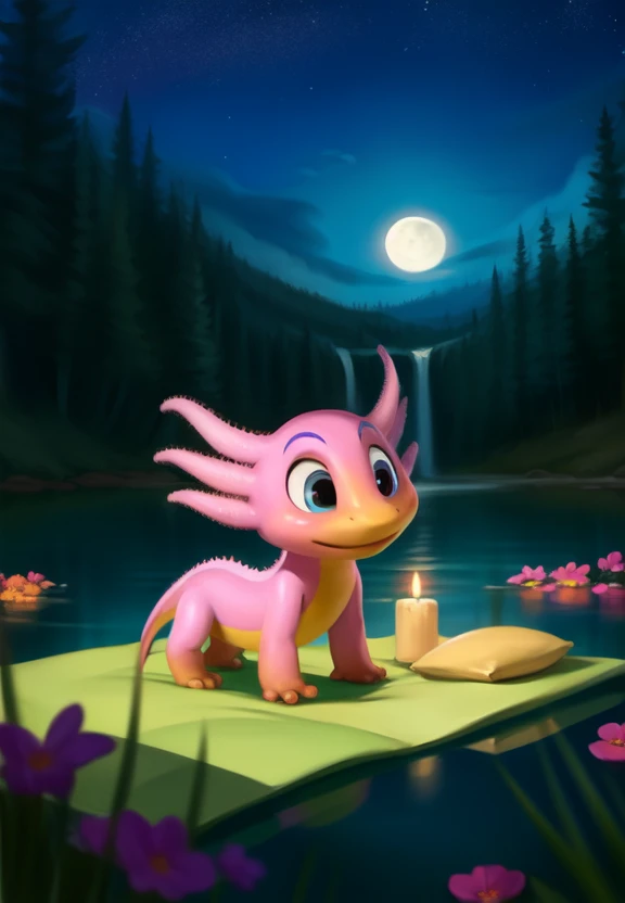 <lora:ShimShinGazi:0.85> ShimShinGazi, axolotl, pink skin, yellow belly,  chibi, (all fours, cowgirl position,)
[ forest, grass, night, stars, lake, waterfall, clear water, evening, moon shining, reflection in water, clouds, flowers, blanket, blue pillows, candles, bed, pillows, ], ((solo focus))
 (beautiful, aesthetic, perfect, delicate, intricate), masterpiece, digital drawing, best quality, (walking ) 
by Chunie, by CyanCapsule, by Hallogreen,