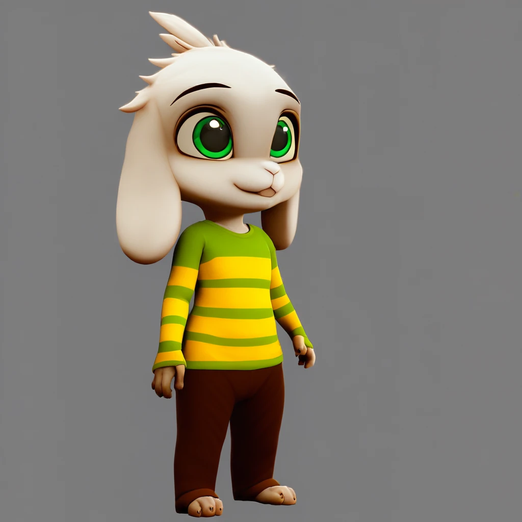 3d, anthropomorphic, animal, male, goat, white fur, large head, green eyes, long ears, tufts of hair, green and yellow striped shirt, long-sleeve shirt, brown pants, shortstack, cute,