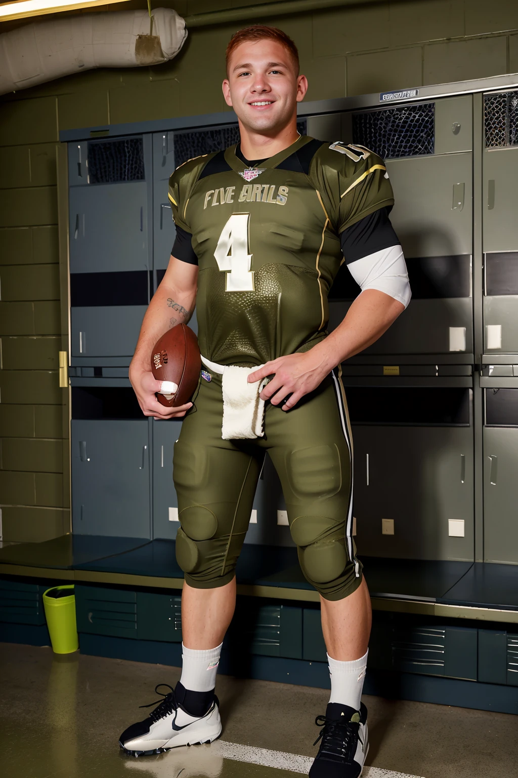 locker room, standing in front of lockers, holding football, slightly smiling, JeremiahCruze is an (American football player), wearing (football uniform:1.3), (drab olive green jersey:1.3), drab olive green (shoulder pads), jersey number 47, (drab olive green football pants:1.4), (white socks:1.3), long socks, (black sneakers:1.4), (((full body portrait))), wide angle  <lora:JeremiahCruze:0.8>