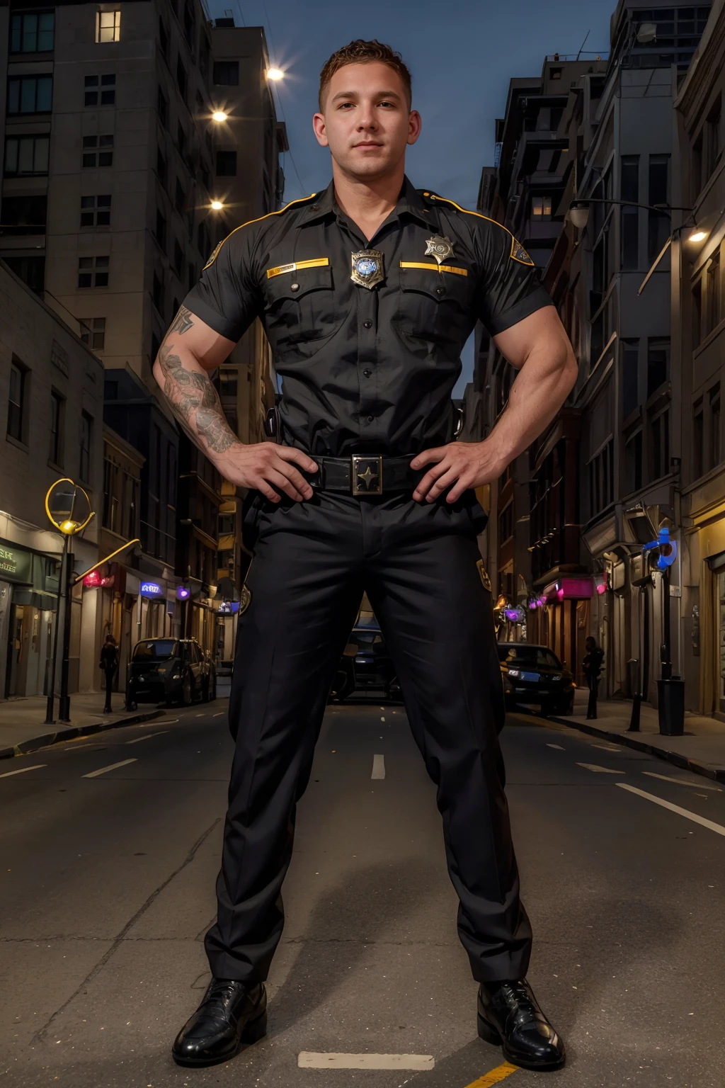 city street corner, JeremiahCruze is a sheriff deputy, wearing black-color, shirt, badge, belt, pants, (((full body portrait))), wide angle   <lora:Clothing - Sexy Police Officer:0.65> <lora:JeremiahCruze:0.8>