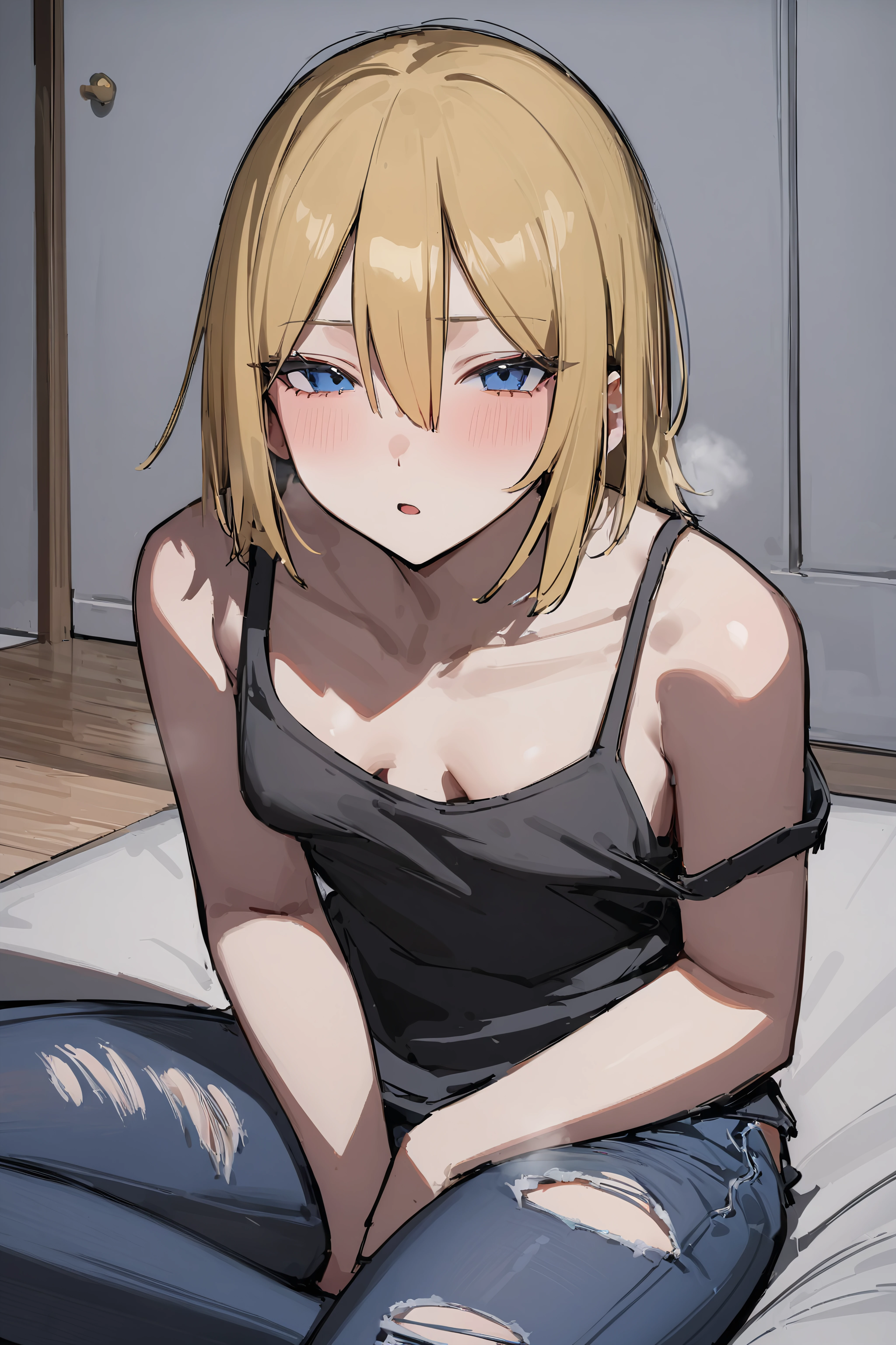 just woke up, yawning, sitting on a bed, bedroom, cute yawn, sleepy eyes, wiping eye, singlet, front view