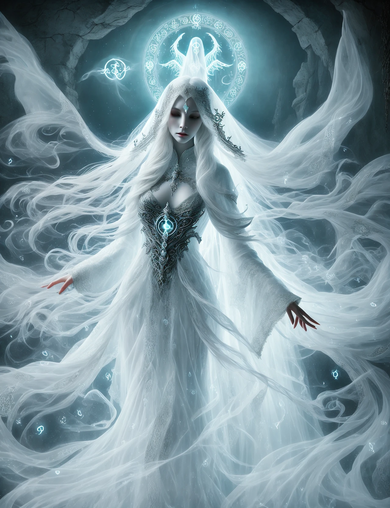 DonMG3157P4nz3r  female  banshee, transluscent ethereal otherworldly unnatural nebulous incorporeal phantasmal nebulous vaporous phantasmal ghostly soul specter, long flowing silver hair,pale white lucid skin, fantasy, grayish tattered gown, hands with claws,dim eyes, mourning expression,eerie, stygical, floating, gliding, omen of death, malevolent, mind-boggling,harmful,diverse communities,natural surroundings , spectral veil, <lora:DonMG3157P4nz3r:0.8>