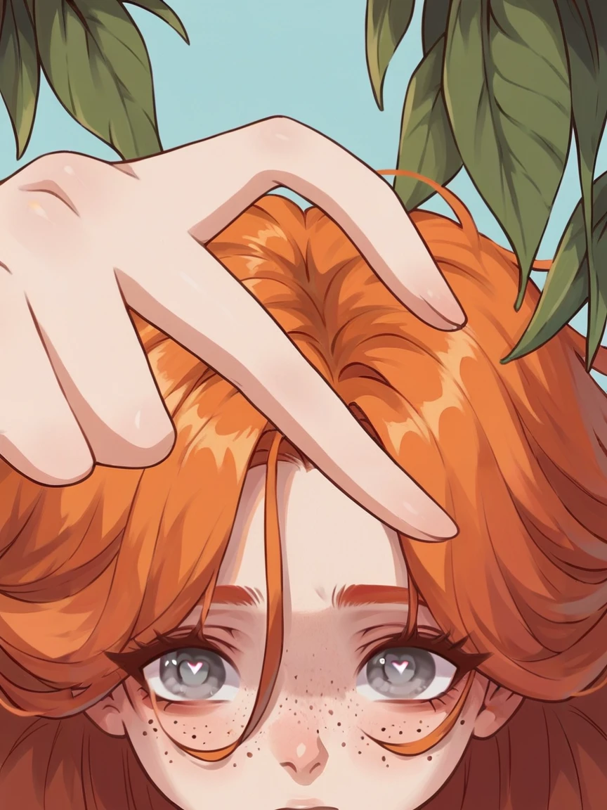 score_9, score_8_up, score_7_up, score_6_up, score_5_up, 1girl, freckles, <lora:h4lfh34rtXLP:1> h4lfh34rt, grey eyes, long hair, ginger hair, plant, tired, heart-shaped pupils,