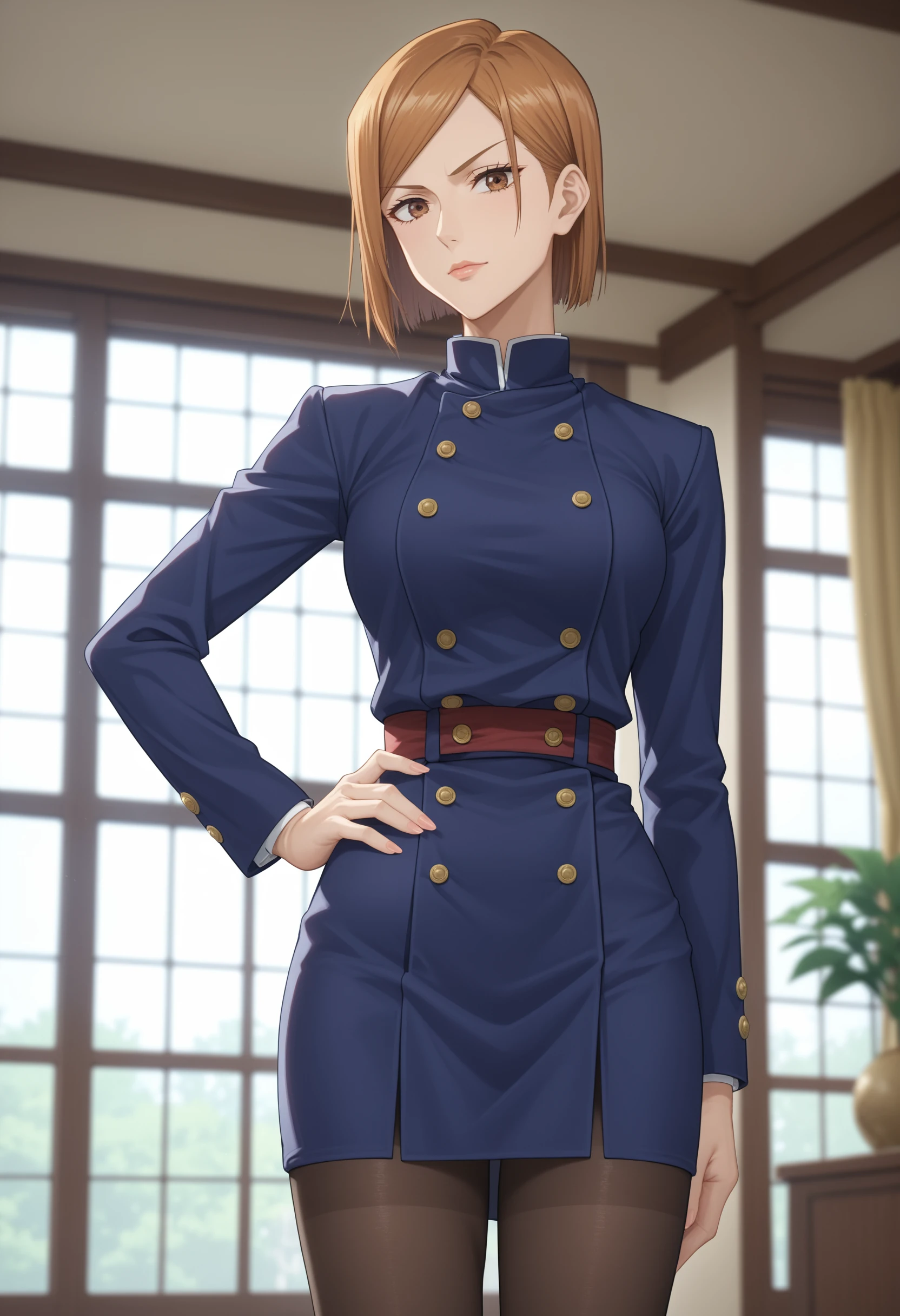 score_9, score_8_up, score_7_up, source_anime,
1girl, kugisaki nobara, jujutsu kaisen, brown hair, brown eyes, jujutsu tech uniform, pantyhose, hand on own hip, window, indoors,