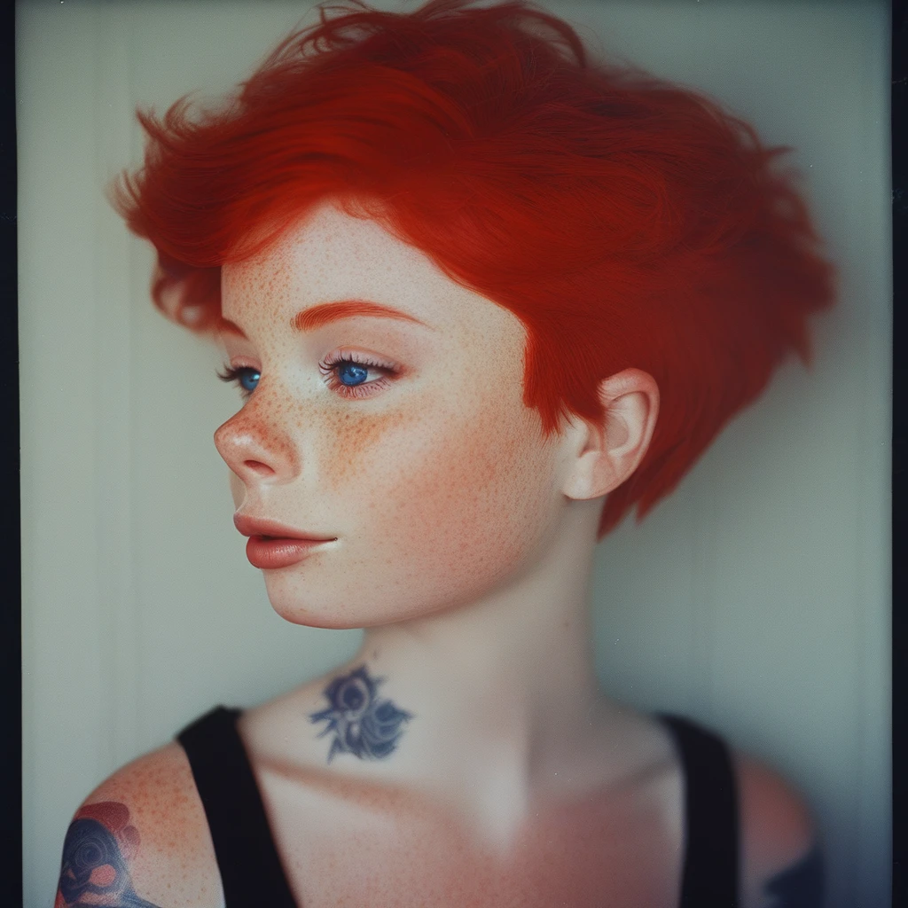 1girl freckles solo blue eyes red hair short hair tattoo portrait part