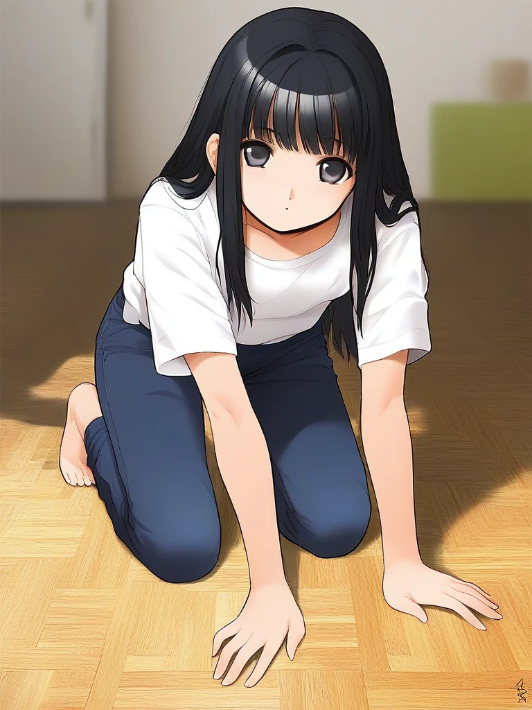 score_9, score_8_up, score_7_up, source_anime, rating_explicit, BREAK  <lora:Tsutsumi_Kinuka_Ver2.0_XL:1>  TsutsumiKinuka,  bangs,  long hair, black hair, black eyes,
1girl, solo, looking at viewer, black eyes, bangs, blue half pants, white sleeve,
room, flooring,