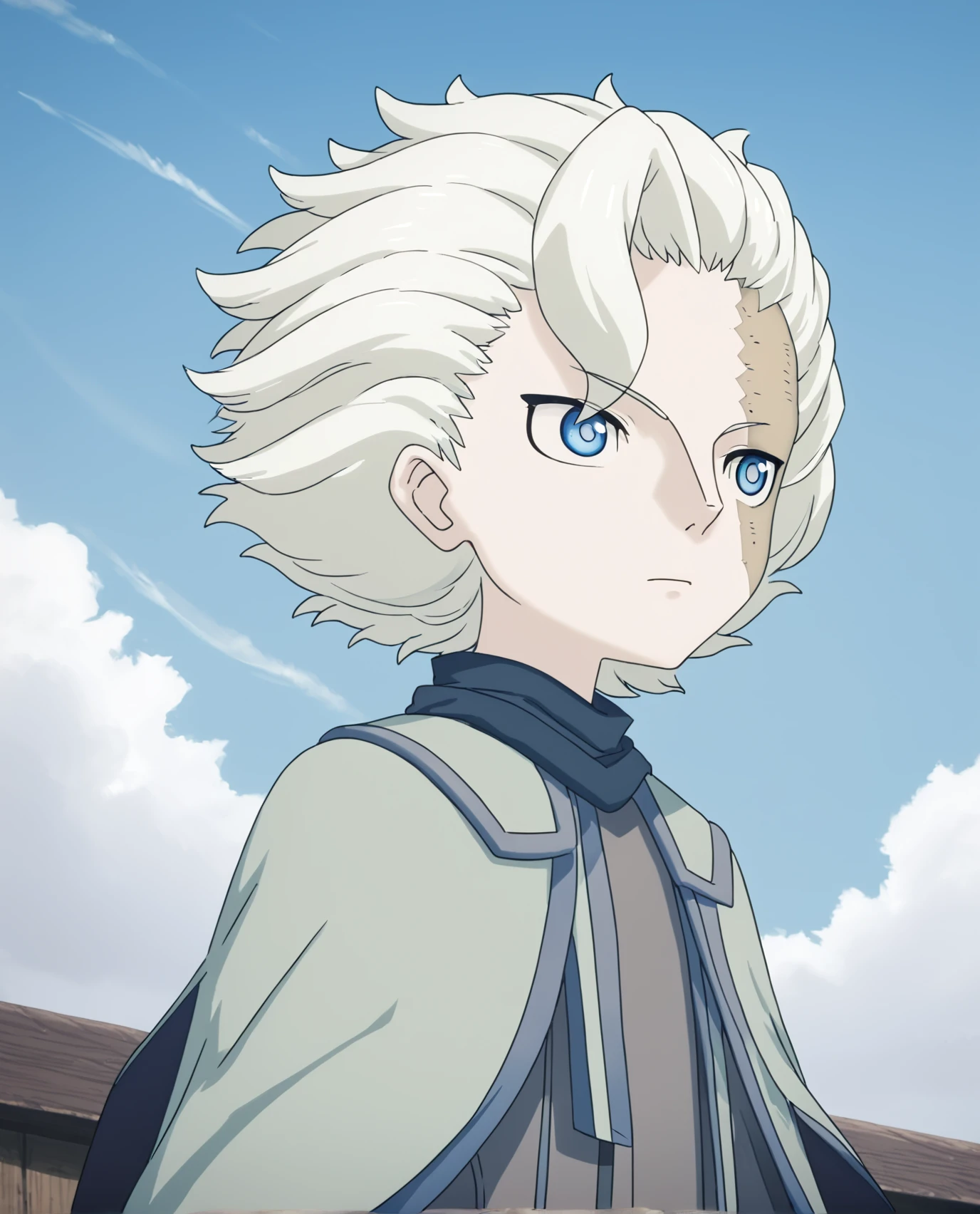 <lora:Belaf_Made_in_Abyss:1>, white hair, blue eyes, belaf, face scar, upper body, sky, score_9