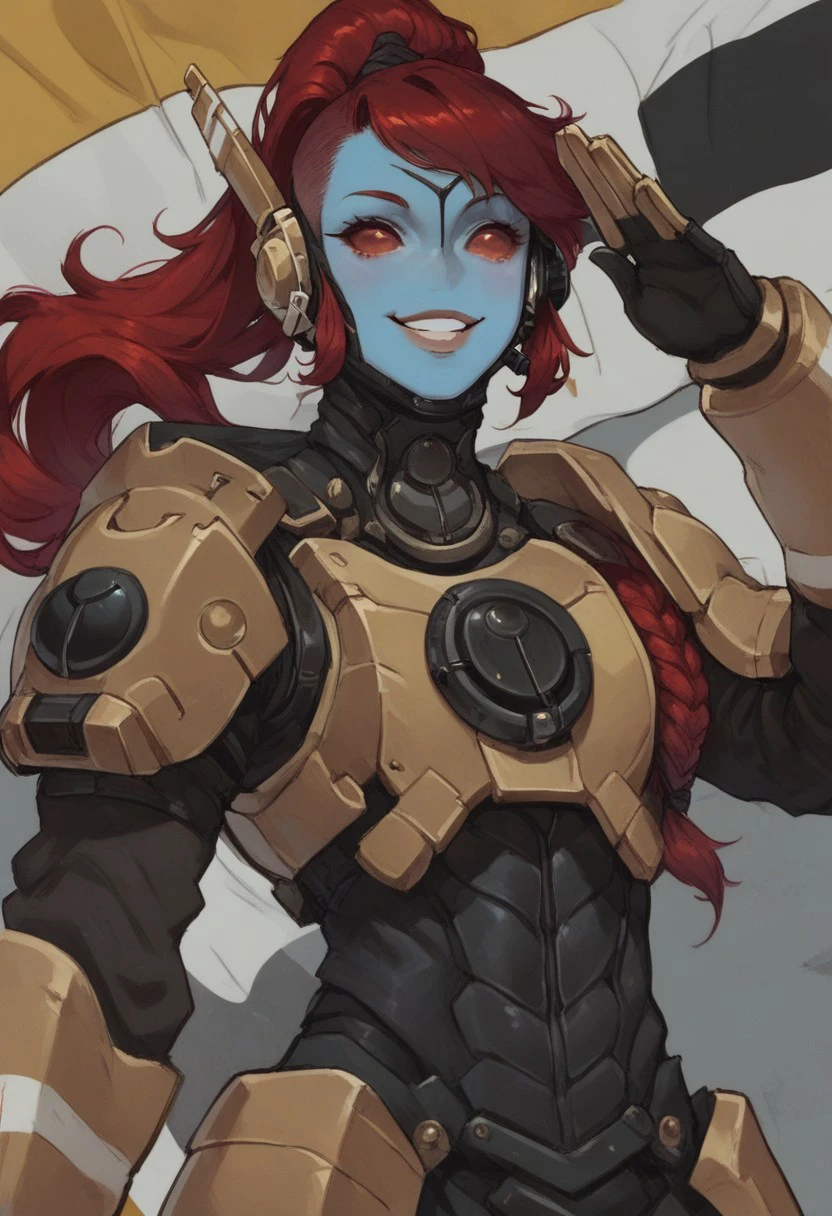 score_9, score_8_up, score_7_up, ultra quality, 1girl, tauxl, blue skin, red sclera, forehead mark, noseless, mo mostrils, parted lips, ponytail, red hair, headset, sci-fi armor, yellow armor, covered collarbone, upper body, salute, looking at viewer, smile, flag, detailed background