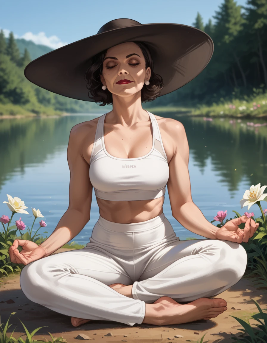 score_9, score_8_up, score_7_up, score_6_up, score_5_up, score_4_up, robot, 1girl, alcina_dimitrescu, hud_m3dit4tion, indian style, sitting, on floor, sports bra, pants, facing viewer, barefoot, closed eyes, <lora:hud_m3dit4tion_XLP:0.8>, outdoors, lake, day, flower