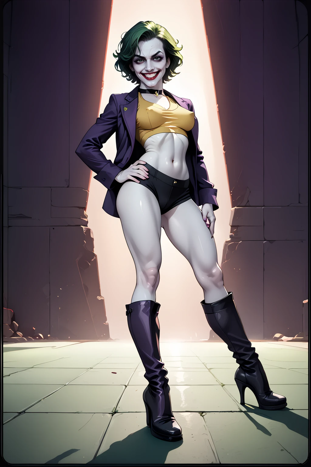 <lora:Joker_PDXL_spamb0t:0.9>,(DC_Comics_Joker as a female:1.2),1girl
BREAK (short green hair,evil grin:1.3)
BREAK (white skin:2)
BREAK purple jacket,purple highheel boots
BREAK yellow shirt
BREAK covered nipples,revealing cleavage,midriff,navel
BREAK sitting on floor, legs bent, leaning back on hands
BREAK seen from behind, extreme closeup
BREAK cowboy shot,abstract background,looking at viewer
BREAK high quality,film grain,cinematic lighting,volumetric lighting,modeling shoot
BREAK (hyper detail,insanely detailed,best quality,masterpiece,photorealistic:1.4)