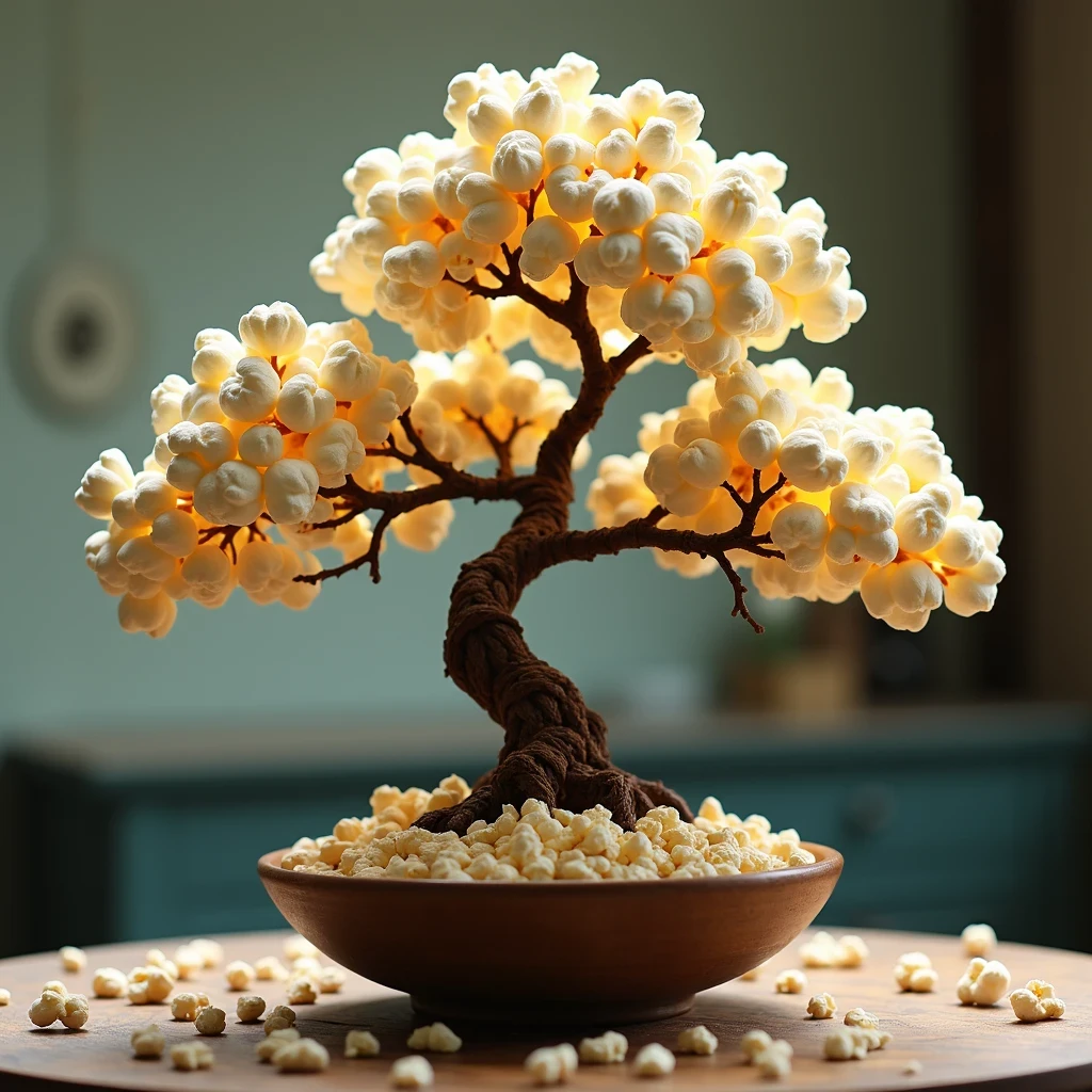 a cute bonsai made of popcorn, popcorn mania